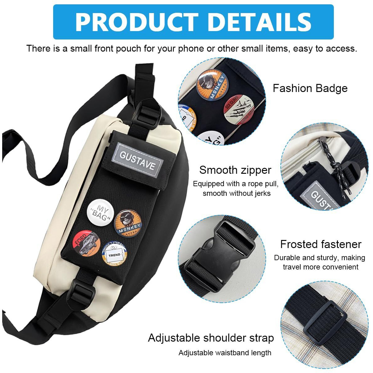 Gustave Waist Bags For Men Women With 4 Badges And Adjustable Strap, Waterproof Bumbag Creative Stylish Sport Chest Bag Waist Pack For Hiking Travel Camping Running Sports Outdoors