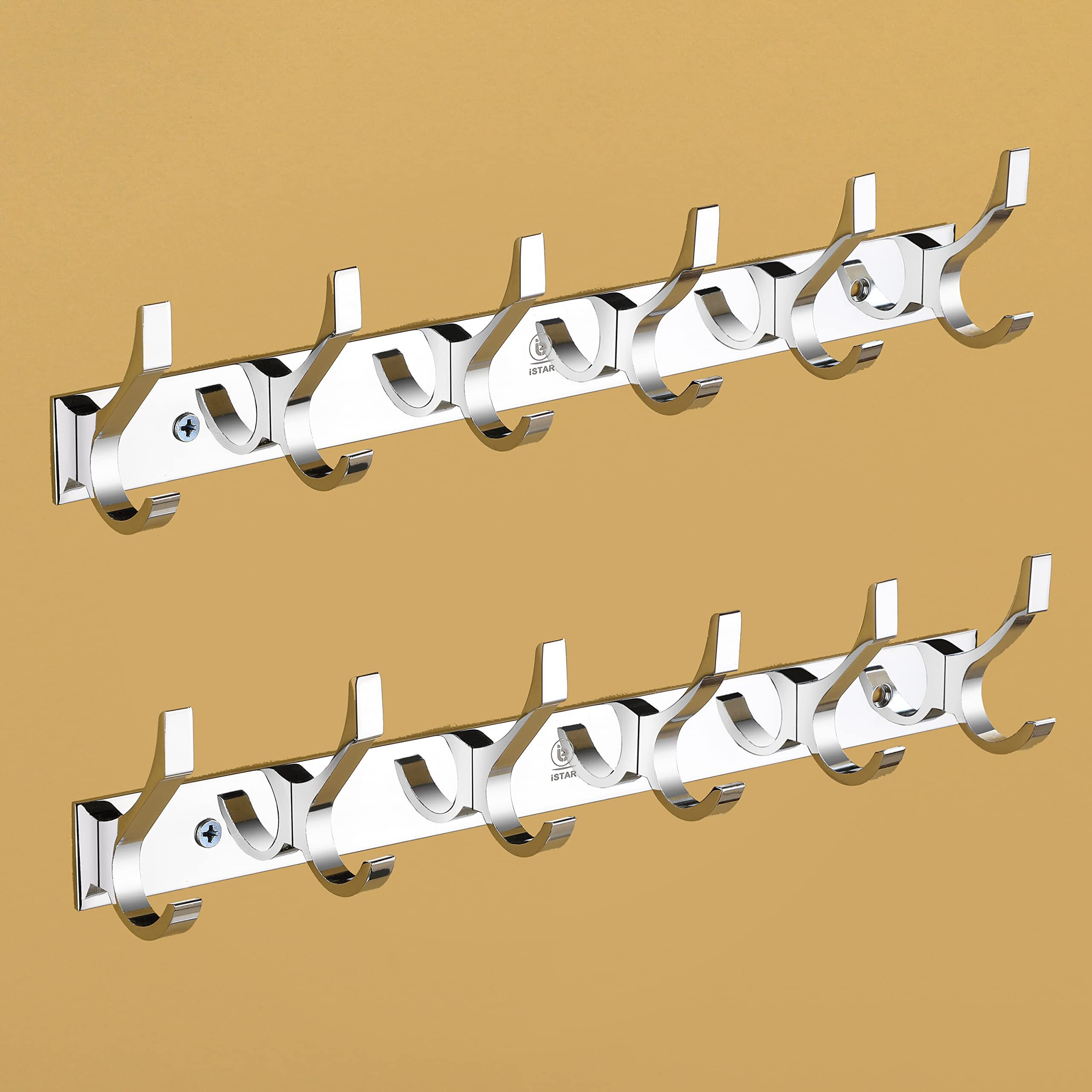 Istar 6 Pin Modern Bathroom Cloth Hooks Hanger Door Wall Bedroom Bathroom Robe Hooks Rail For Hanging Keys,Clothes,Towel Steel Hook (Pack Of 2, Silver)