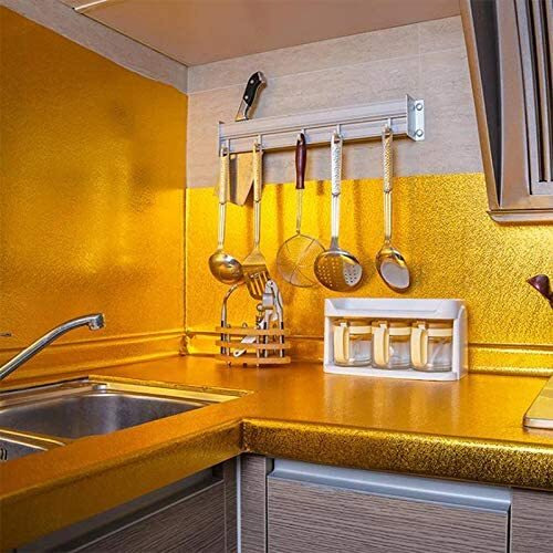 Vaidika Gold Curly Marble Foil Sheet For Kitchen, Kitchen Wallpaper Vinyl Sheet, Oil Proof And Waterproof Wallpaper For Kitchen, Kitchen Wall Stickers Heat Resistant (2 M Golden Curly Naa1)
