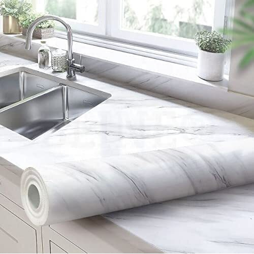 Vaidika Marble Foil Sheet For Kitchen, Kitchen Wallpaper Vinyl Sheet, Oil Proof And Waterproof Wallpaper For Kitchen, Kitchen Wall Stickers Heat Resistant (2 M White Na)