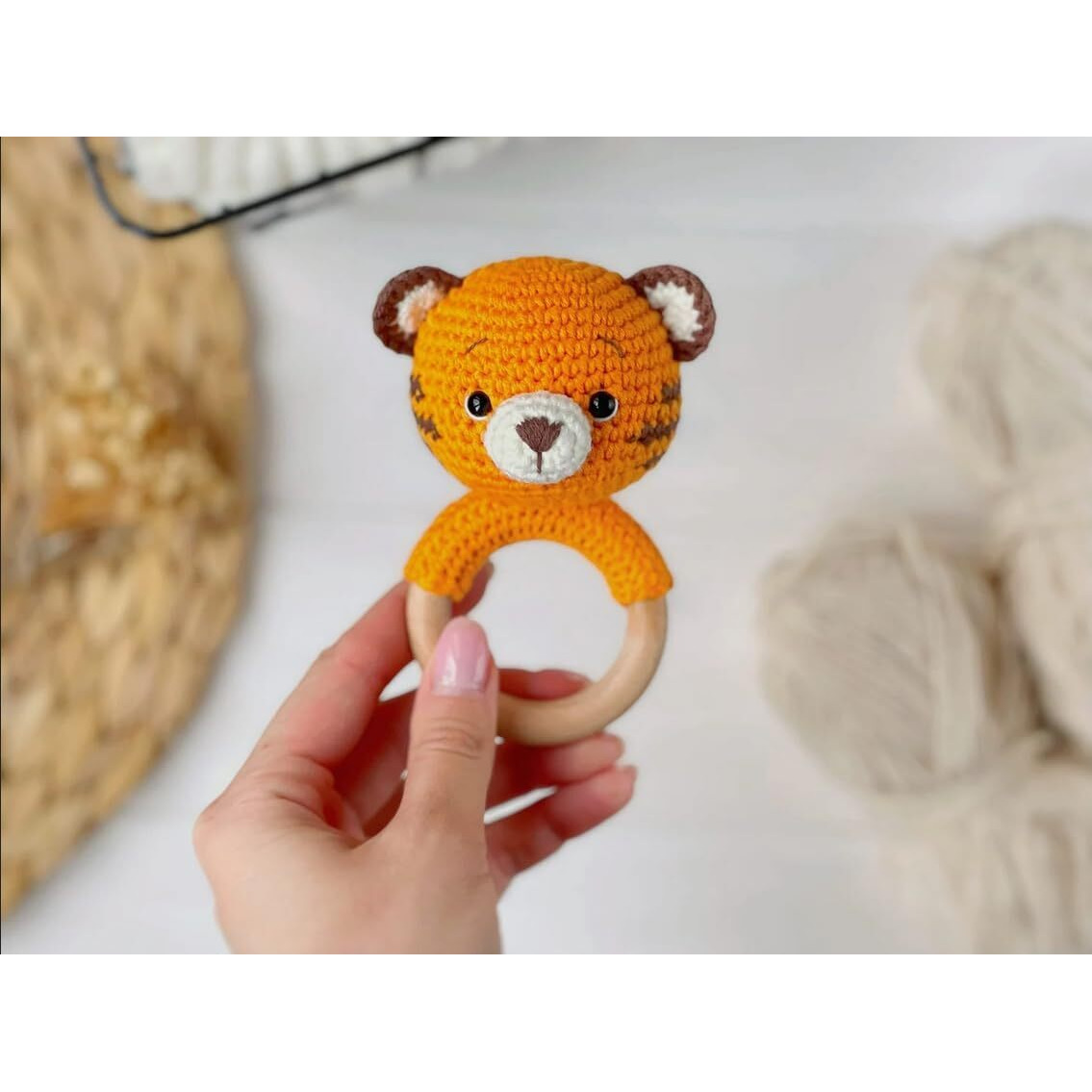 Sycamore East Baby Rattle For Newborn, Crochet Bunny Rattle Toy Natural Wool, Music Shaker Rattle For Hand Grips, Boy Girl First Rattle Gift Tiger 1 Pc