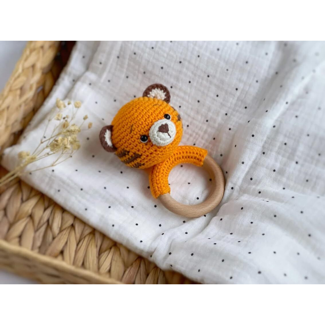 Sycamore East Baby Rattle For Newborn, Crochet Bunny Rattle Toy Natural Wool, Music Shaker Rattle For Hand Grips, Boy Girl First Rattle Gift Tiger 1 Pc