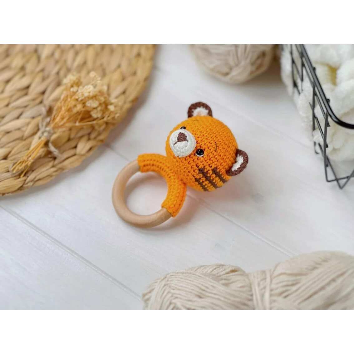 Sycamore East Baby Rattle For Newborn, Crochet Bunny Rattle Toy Natural Wool, Music Shaker Rattle For Hand Grips, Boy Girl First Rattle Gift Tiger 1 Pc