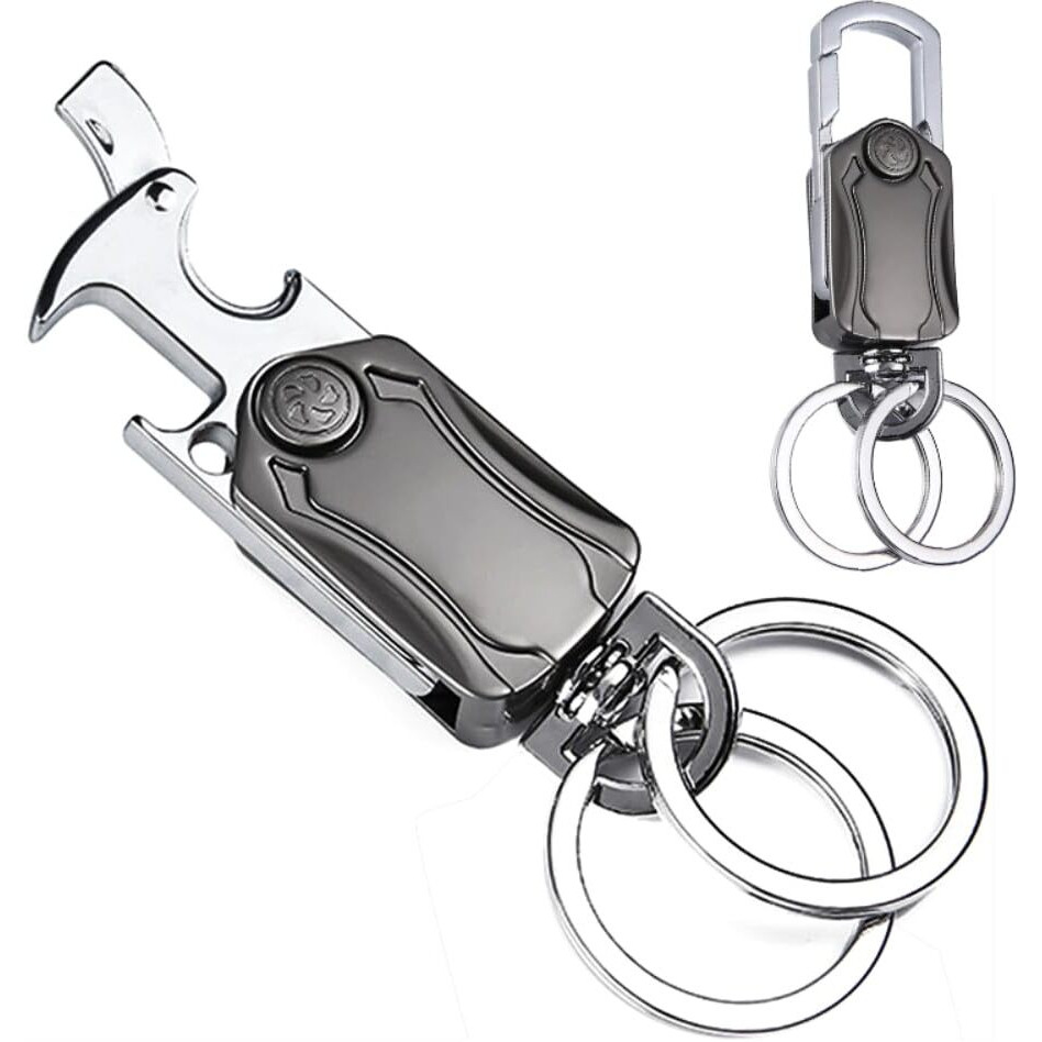 Sthira Multifunction Keychain For Men, Dual Ring Metal Car Key Chain With Cutter, Bottle Opener, Mobile Phone Holder, Fingertip Gyro, Outdoor Carabiner Portable Car Key Chain For Men Women, Silver