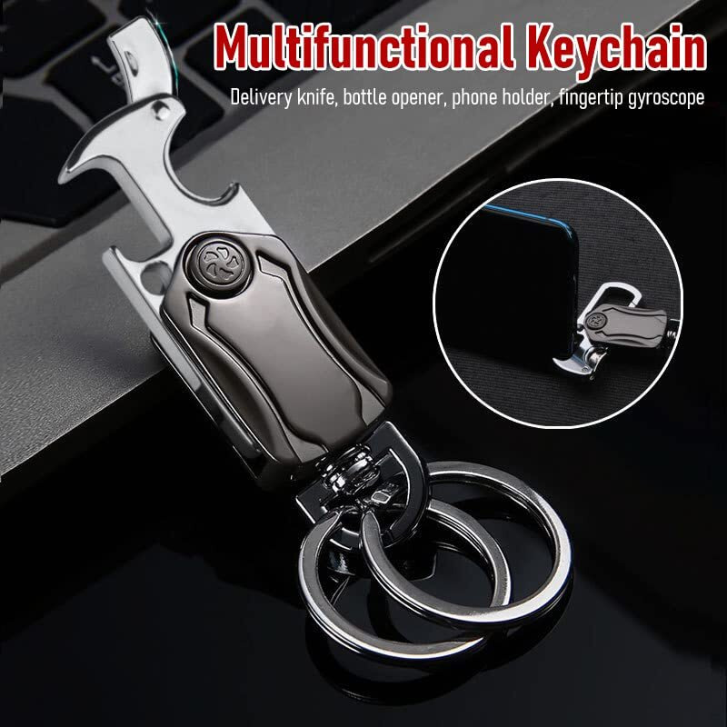 Sthira Multifunction Keychain For Men, Dual Ring Metal Car Key Chain With Cutter, Bottle Opener, Mobile Phone Holder, Fingertip Gyro, Outdoor Carabiner Portable Car Key Chain For Men Women, Silver