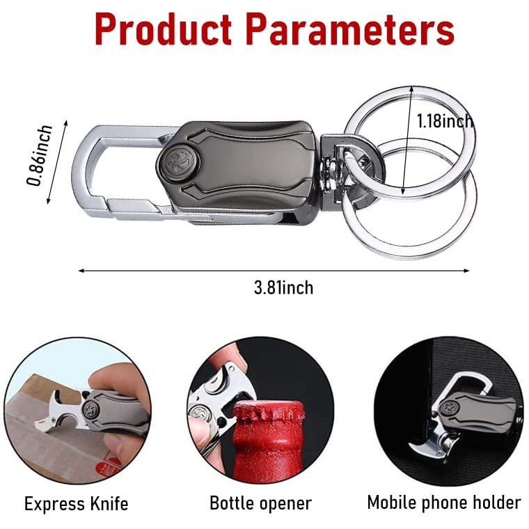 Sthira Multifunction Keychain For Men, Dual Ring Metal Car Key Chain With Cutter, Bottle Opener, Mobile Phone Holder, Fingertip Gyro, Outdoor Carabiner Portable Car Key Chain For Men Women, Silver