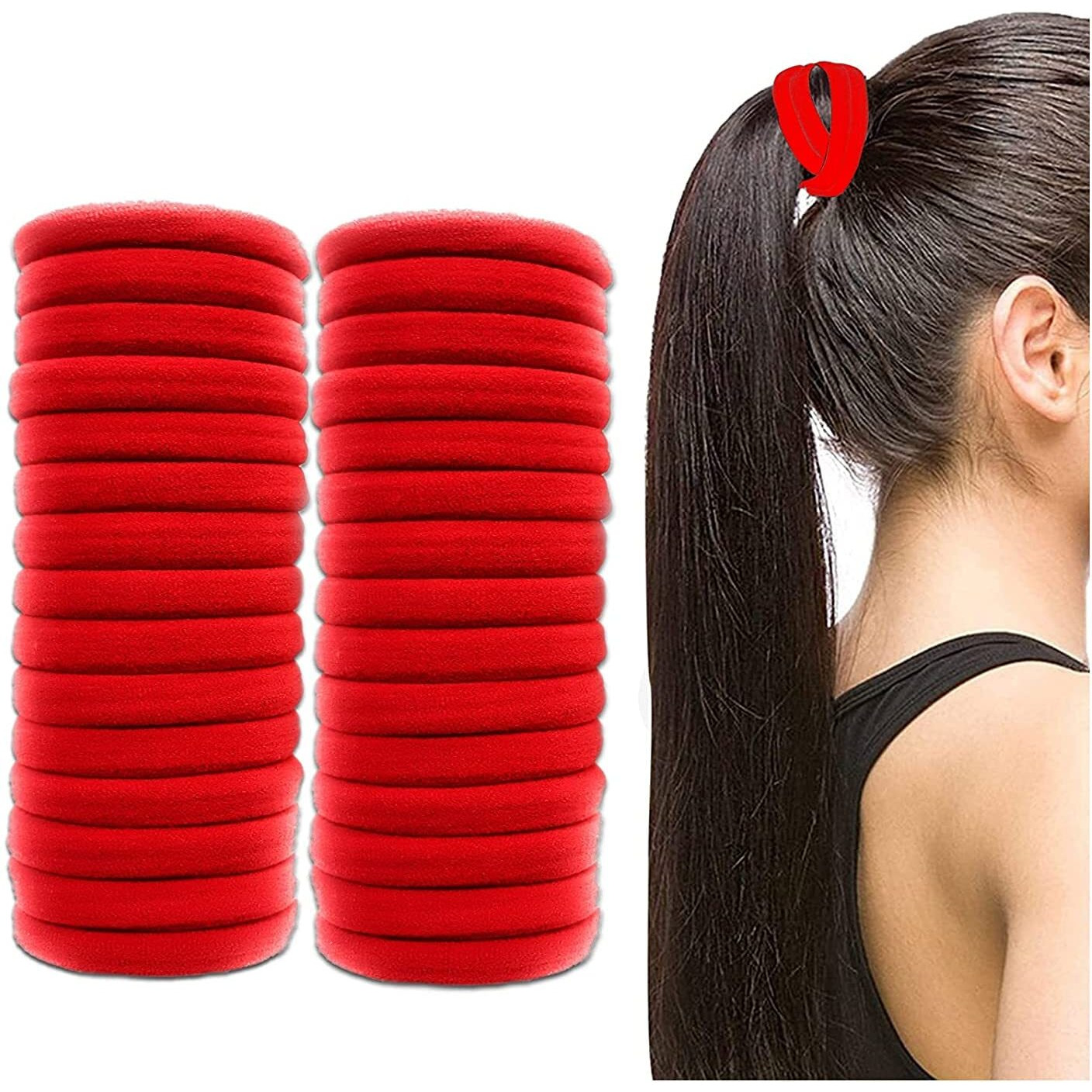 Diversa Seamless Thick Cotton Hair Rubber Bands, Durable Elastic Ties, Ponytail Holders, Hair Accessories For Women & Girls - Red (Pack Of 100 Pcs)