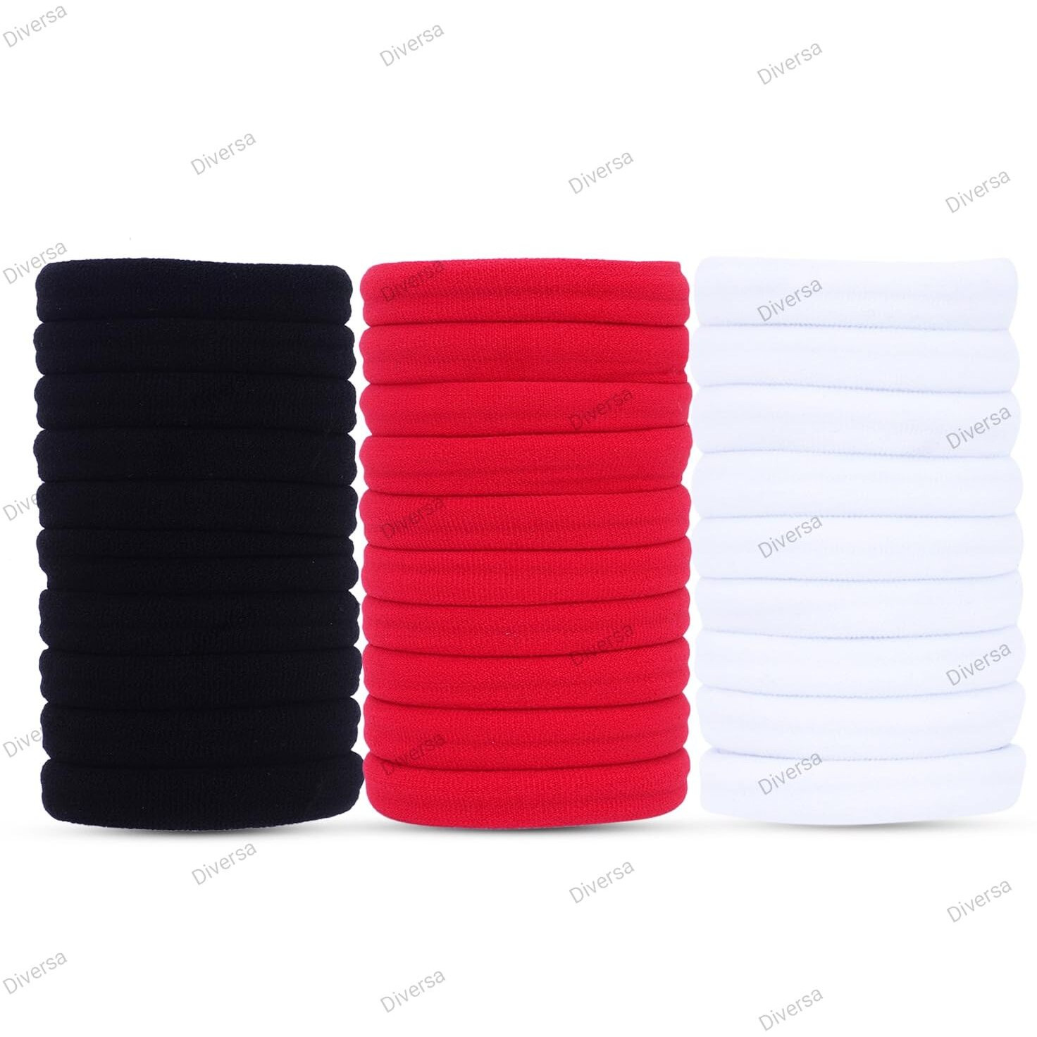 Diversa Seamless Thick Cotton Hair Rubber Bands, Durable Elastic Ties, Ponytail Holders, Hair Accessories For Women & Girls - Red/White/Black (Pack Of 30 Pcs)