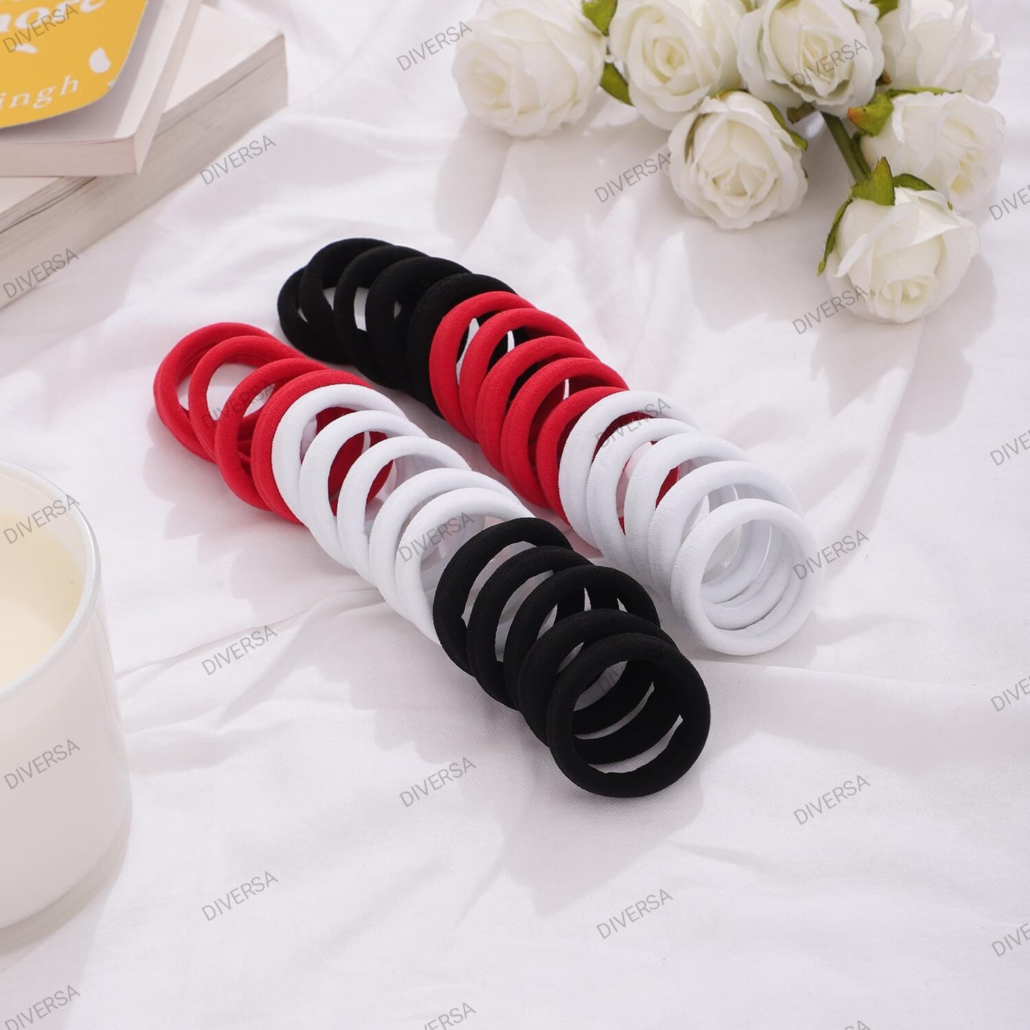 Diversa Seamless Thick Cotton Hair Rubber Bands, Durable Elastic Ties, Ponytail Holders, Hair Accessories For Women & Girls - Red/White/Black (Pack Of 30 Pcs)