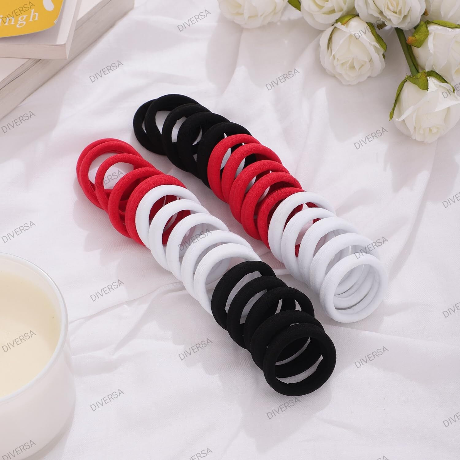 Diversa Seamless Thick Cotton Hair Rubber Bands, Durable Elastic Ties, Ponytail Holders, Hair Accessories For Women & Girls - Red/White/Black (Pack Of 30 Pcs)