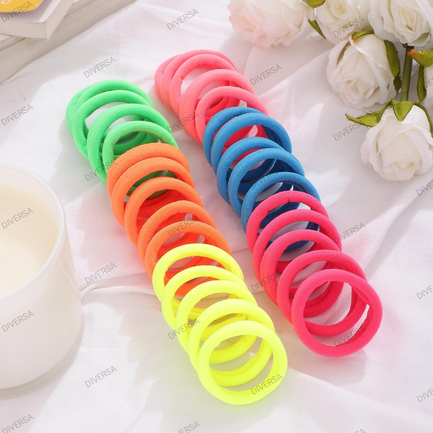Diversa Seamless Thick Cotton Hair Rubber Bands, Durable Elastic Ties, Ponytail Holders, Hair Accessories For Women & Girls - Neon Colors (Pack Of 30 Pcs)