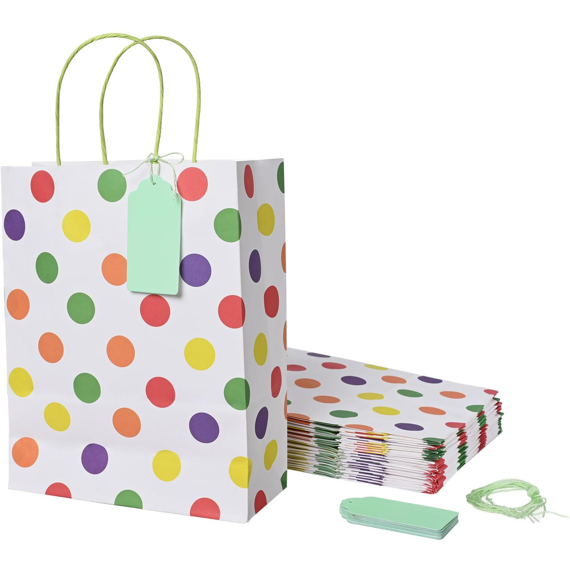 Suffix Retail - (Pack Of 75) Polka Dots Paper Bags For Return Gifts With Gift Tags & Thread/Gift Bags (12X8.7X3 Inches) | Party Favor Bags For Kids Birthday - Rainbow,Multicolor