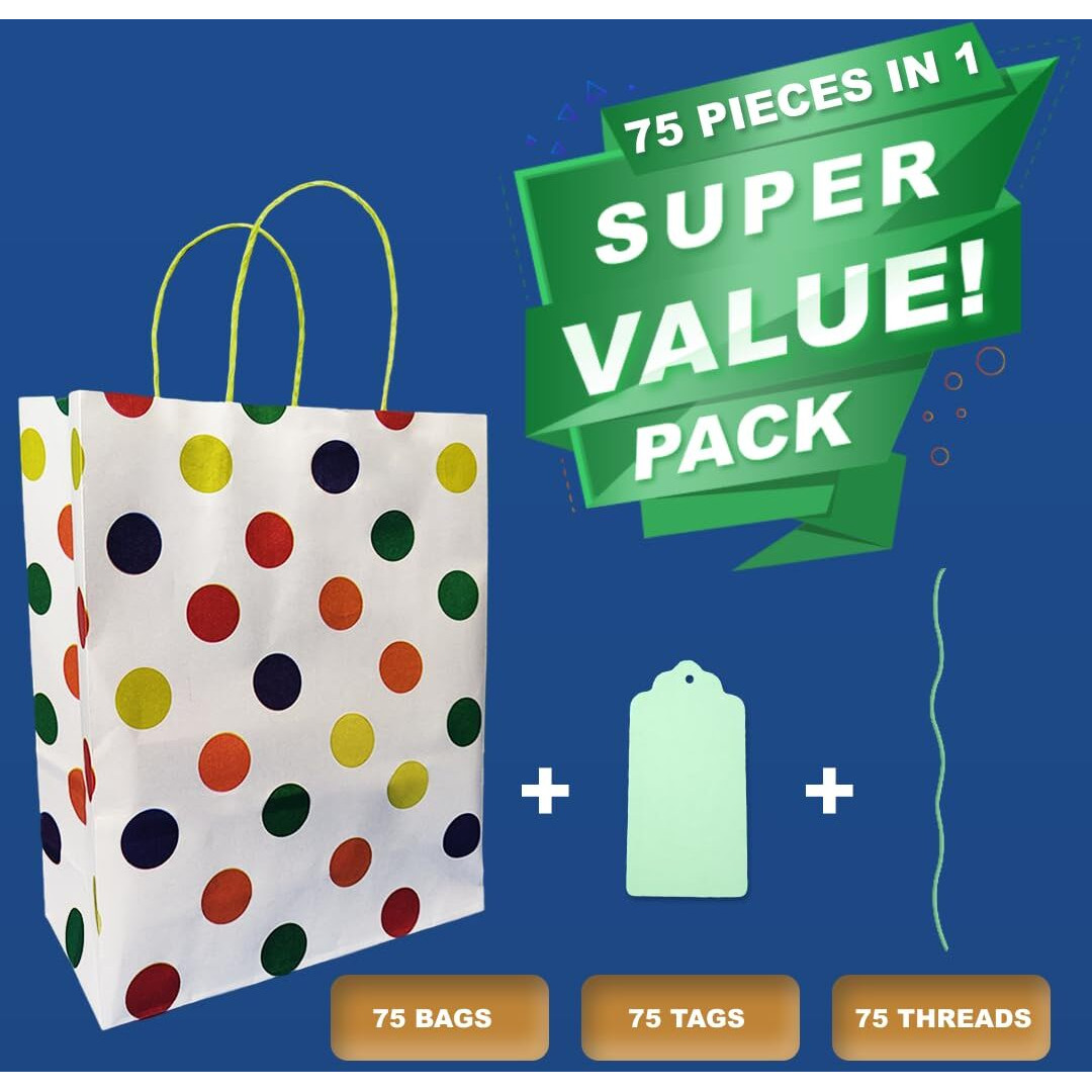 Suffix Retail - (Pack Of 75) Polka Dots Paper Bags For Return Gifts With Gift Tags & Thread/Gift Bags (12X8.7X3 Inches) | Party Favor Bags For Kids Birthday - Rainbow,Multicolor
