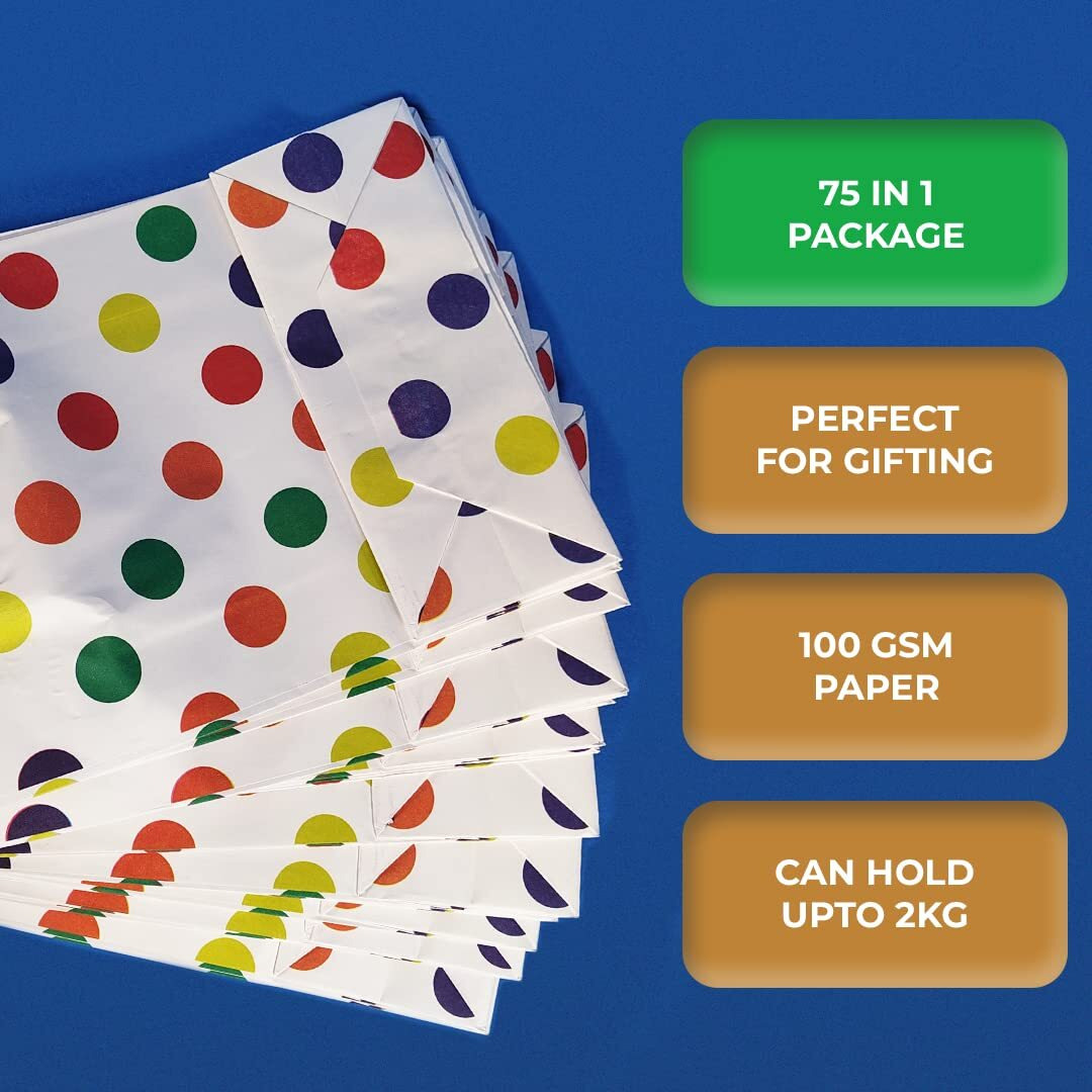 Suffix Retail - (Pack Of 75) Polka Dots Paper Bags For Return Gifts With Gift Tags & Thread/Gift Bags (12X8.7X3 Inches) | Party Favor Bags For Kids Birthday - Rainbow,Multicolor