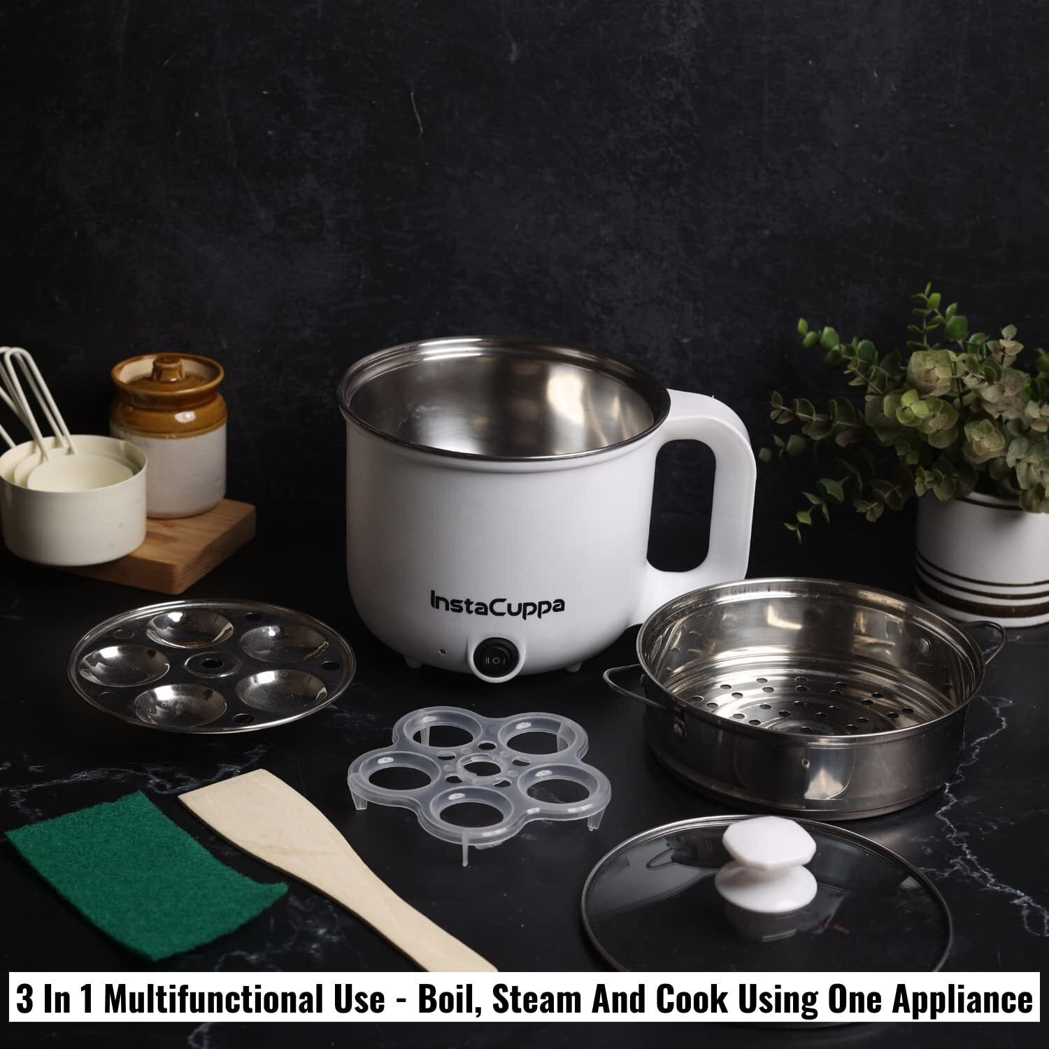 Instacuppa 3-In-1 Multi Cook Kettle With Steamer, 1.2 L Inner Pot, Adjustable Temperature Settings, Wide Mouth, Ideal For Boiling Milk, Tea, Coffee, Eggs & Steaming Veggies, 600 Watts, Elegant White