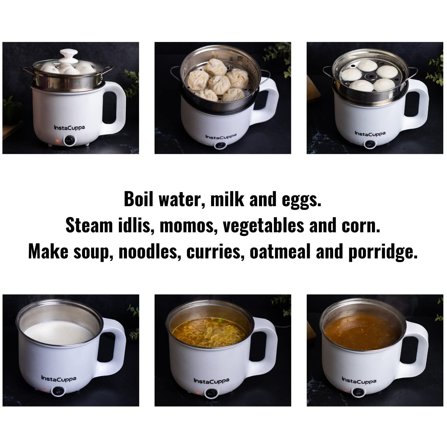Instacuppa 3-In-1 Multi Cook Kettle With Steamer, 1.2 L Inner Pot, Adjustable Temperature Settings, Wide Mouth, Ideal For Boiling Milk, Tea, Coffee, Eggs & Steaming Veggies, 600 Watts, Elegant White