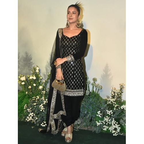 Siril Women's Poly Rayon Embroidery Straight Kurta Set With Dupatta (49Kbd583-M_Black)