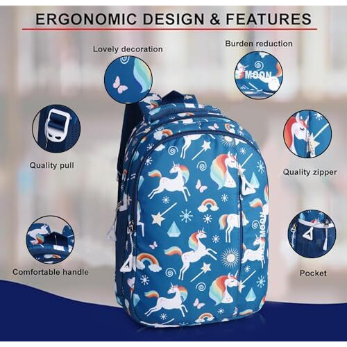 Half Moon Unicorn Class 1-4 Unisex School Bags For Boys/School Bag For Girls | Standard Backpack For Men & Bacpack For Women | College Bag For Men/College Bag For Women (Sky Blue)