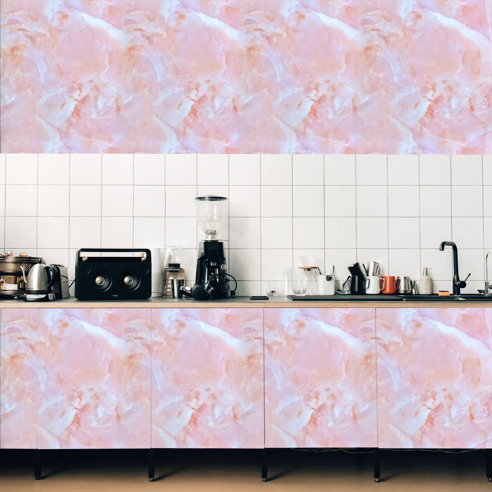 Vaidika Kitchen Self Sheet Waterproof, Marble Kitchen Oil Proof Vinyl Foil Stickers, Kitchen Backsplash Wallpaper, Self-Adhesive Wall Sticker Waterproof Anti-Mould And Heat Resistant For Walls Drawer (2 M Pink Xox)