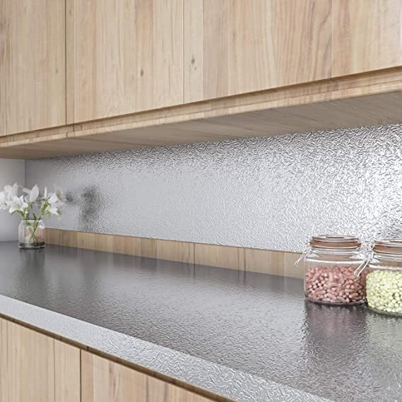 Vaidika Silver Kitchen Backsplash Wallpaper, Self-Adhesive Wall Sticker Waterproof Anti-Mould And Heat Resistant For Walls Drawer, Marble Kitchen Oil Proof Vinyl Foil Stickers (2 M Silver Curly Xoxo)