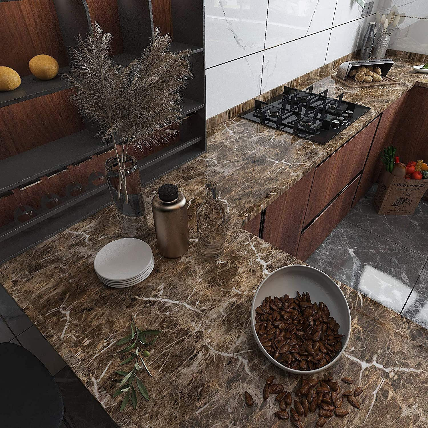 Vaidika Kitchen Counter Top Sheet Pvc, Marble Kitchen Oil Proof Vinyl Foil Stickers, Kitchen Backsplash Wallpaper, Self-Adhesive Wall Sticker Waterproof Anti-Mould And Heat Resistant For Walls Drawer (3 M Brown Xo)