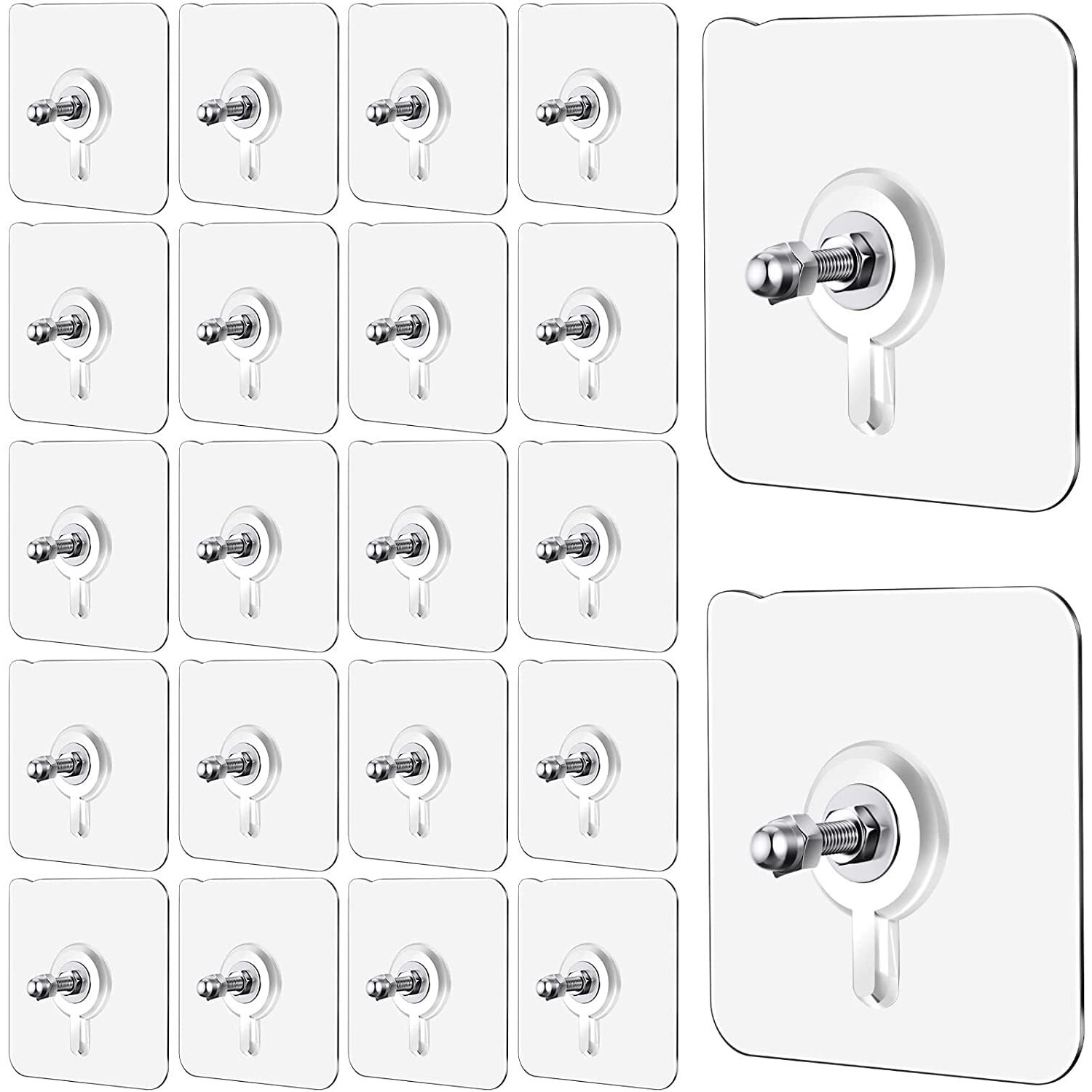 Chillyfit Wall Hooks For Hanging Strong, 20 Pack Screw Hooks Adhesive Hooks For Wall Heavy Duty, Self Adhesive Hook, Wall Hangings, Sticky Photo Frame Hangers,Stainless Steel, Transparent