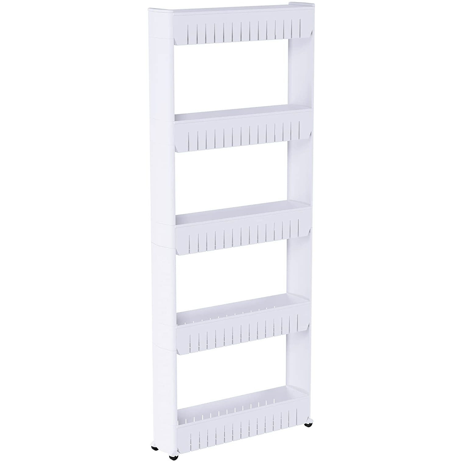 Flipzon 5 Layer Multipurpose Plastic Storage Organizer Slim Rack Shelf With Wheels | Slim Slide Out Kitchen Trolley Rack Holder Storage Organizer For Kitchen, Bathroom (White)