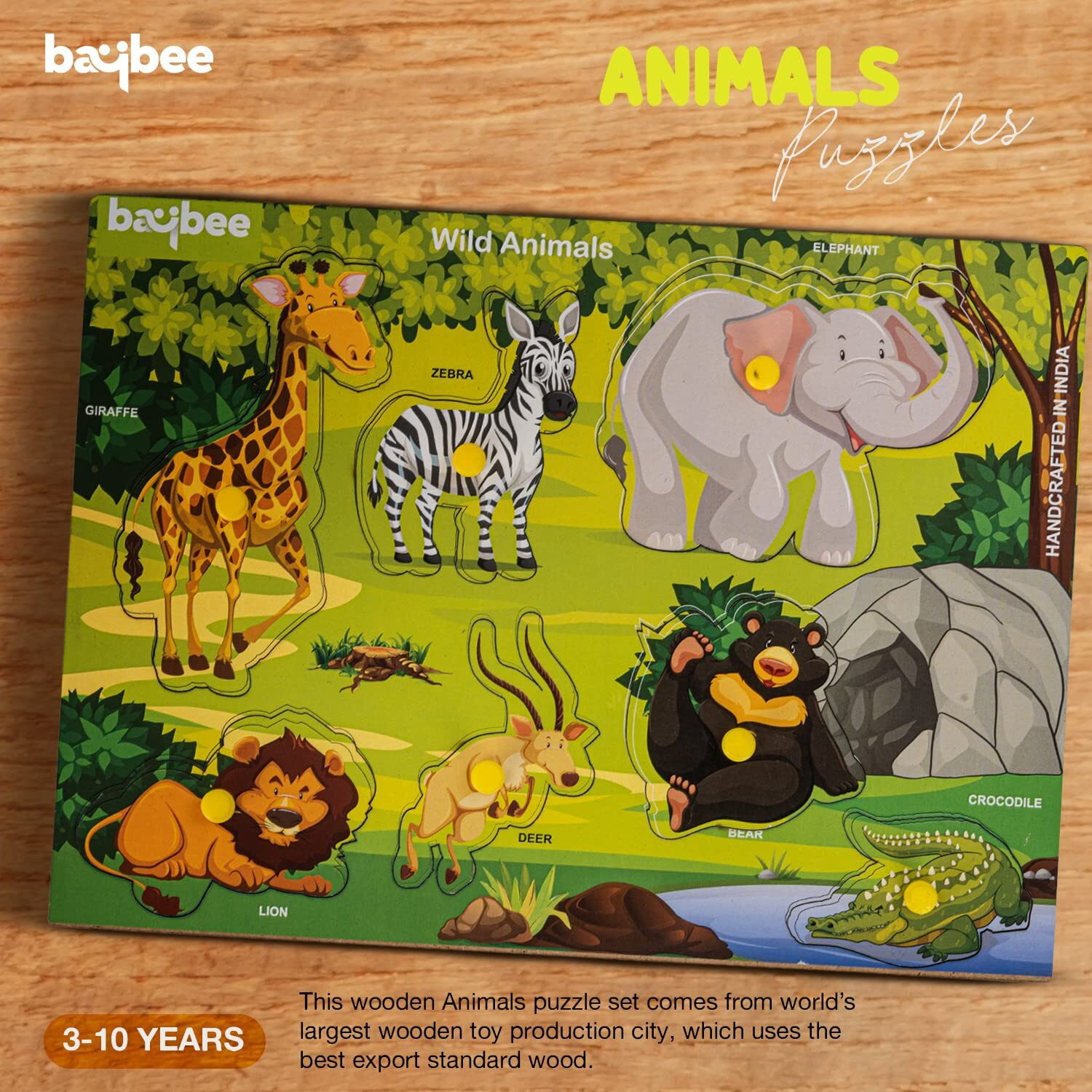 Baybee Wooden English Alphabets And Color Learning Educational Board For Kids, A To Z English Alphabets Puzzle With Knob, Educational Learning Wooden Puzzle Board For Kids (Wild Animals)