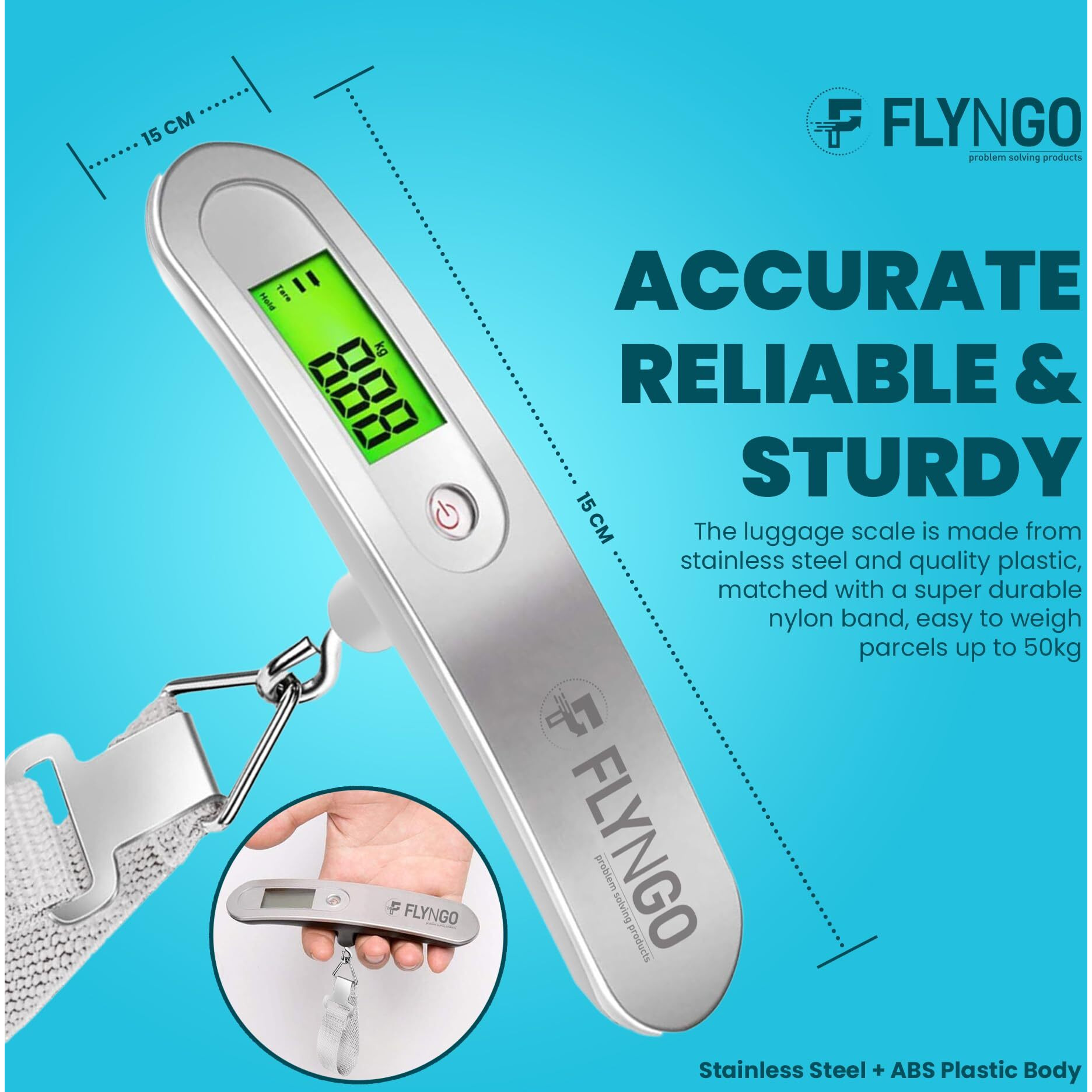 Flyngo Weight Machine For Luggage Weighing Scale For Luggage Capable Up To 50 Kg With Lcd Display Luggage Scale For Bags, Travel, Flights, Home, Shop, Gas Cylinder (A1), Silver
