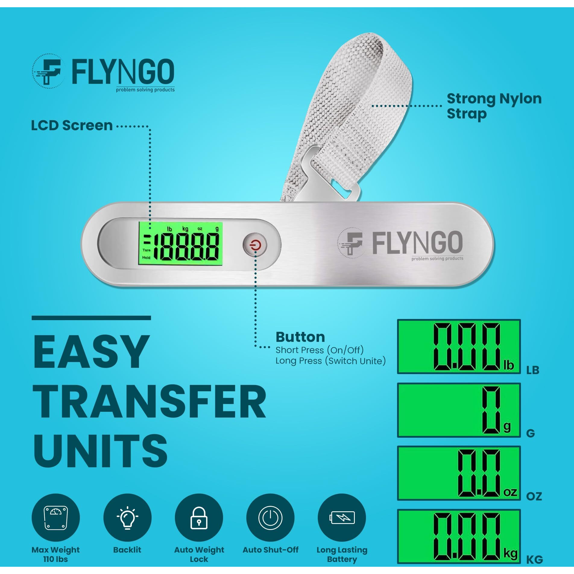 Flyngo Weight Machine For Luggage Weighing Scale For Luggage Capable Up To 50 Kg With Lcd Display Luggage Scale For Bags, Travel, Flights, Home, Shop, Gas Cylinder (A1), Silver