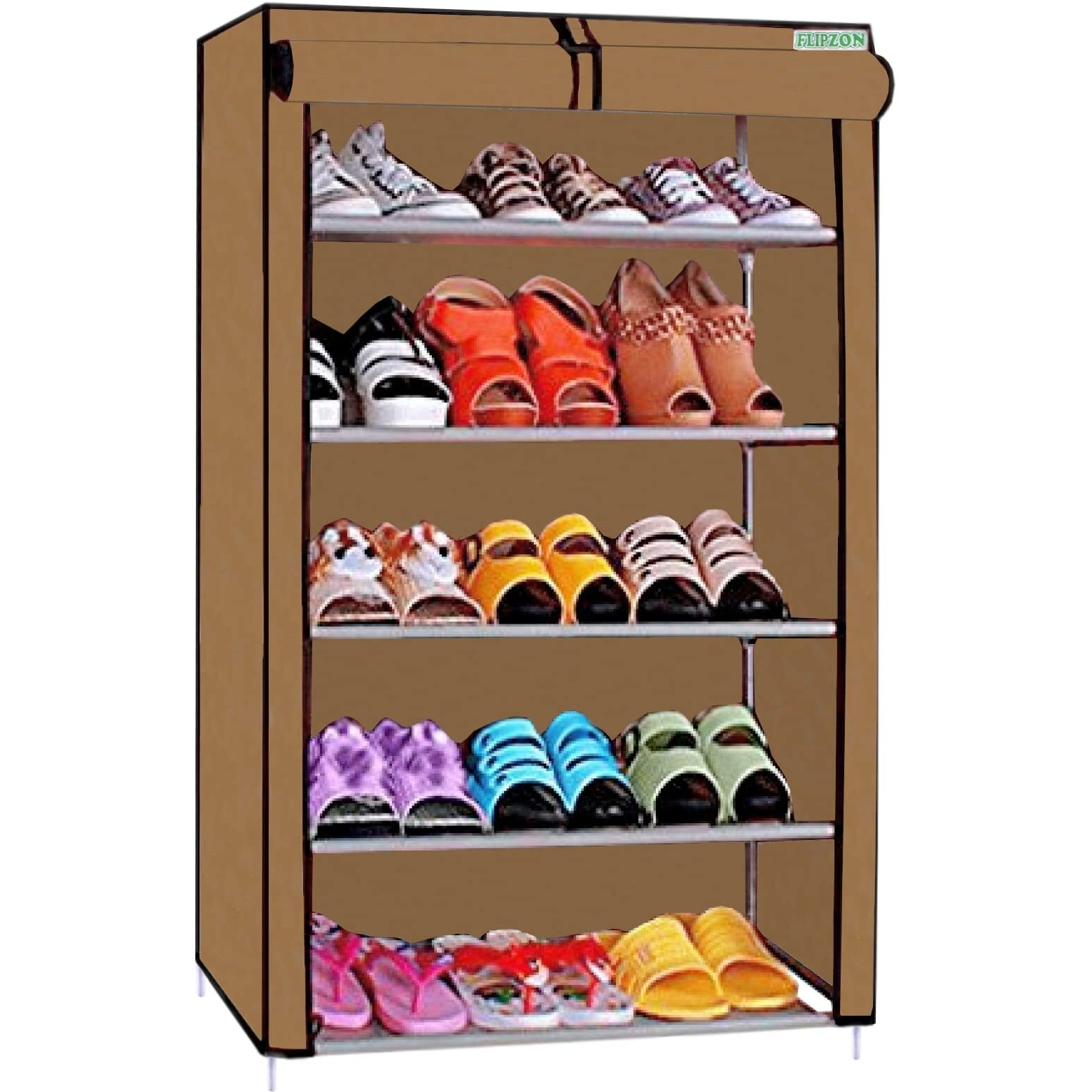 Flipzon Non-Woven Fabric Multipurpose 5 Shelves Shoe Rack With Zip Door Cover & Side Pockets, Multiuse Storage Rack For Footwear, Toys, Clothes With Dustproof Cover (5 Shelves, Chiku), Cm