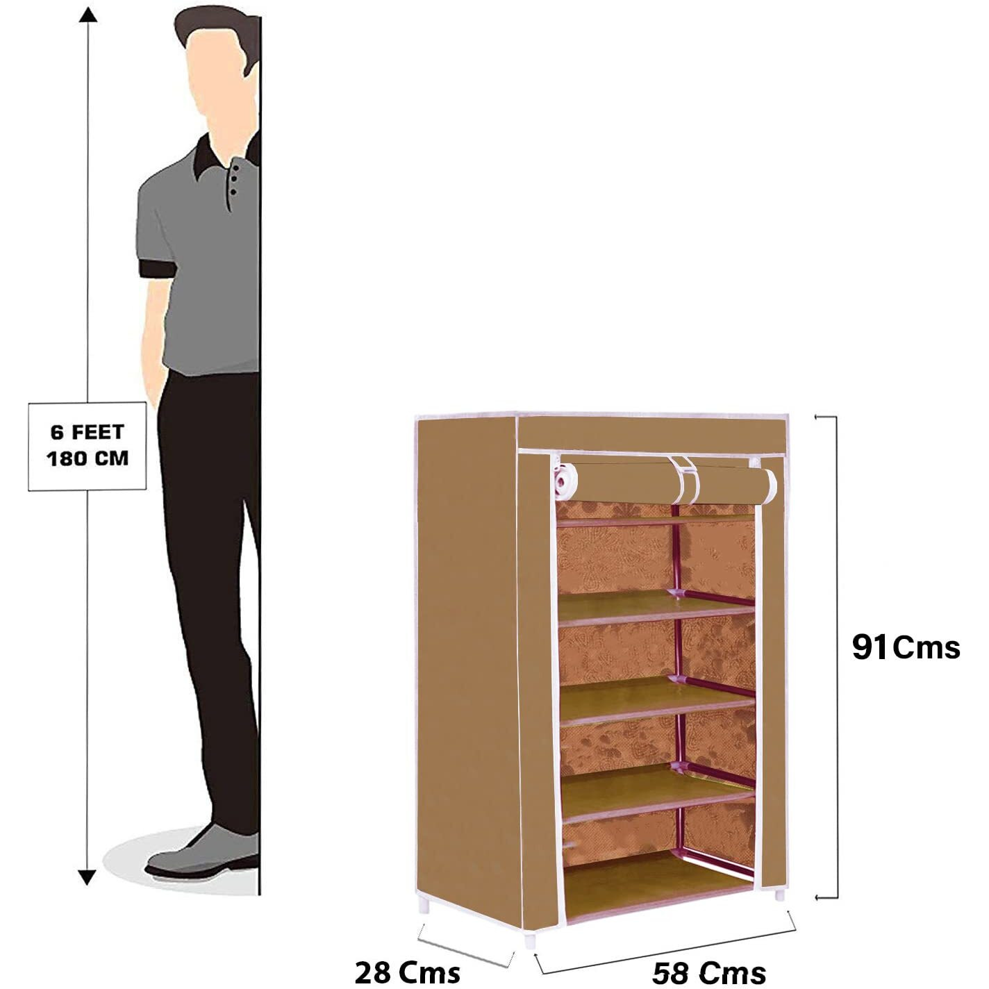 Flipzon Non-Woven Fabric Multipurpose 5 Shelves Shoe Rack With Zip Door Cover & Side Pockets, Multiuse Storage Rack For Footwear, Toys, Clothes With Dustproof Cover (5 Shelves, Chiku), Cm