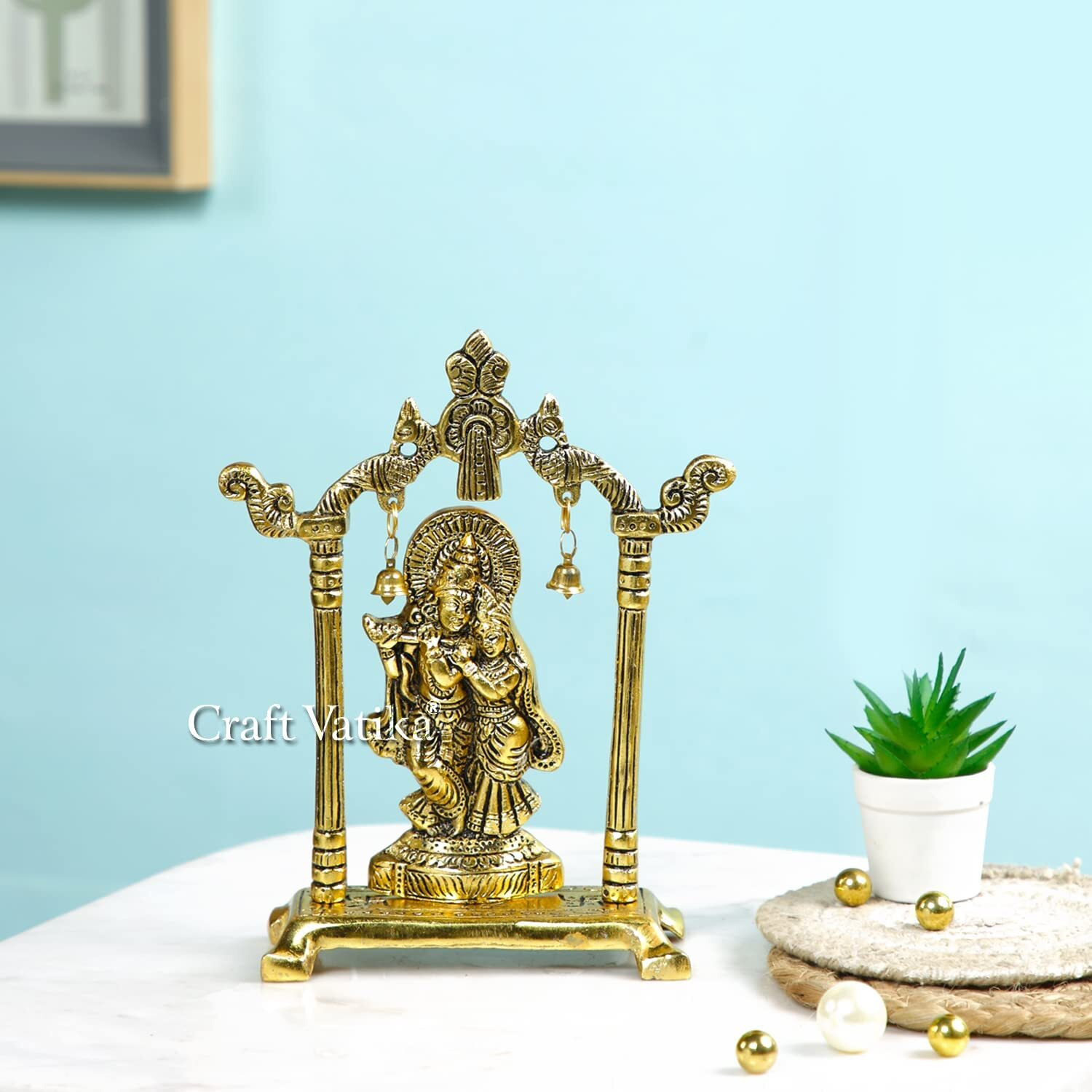 Collectible India Metal Gold Plated Radha Krishna Idol Sculpture Statue Figurine Decorative Showpiece For Janmashtami Home Decoration Temple And Gift (Size 7 X 5 Inches) (5 Pieces)