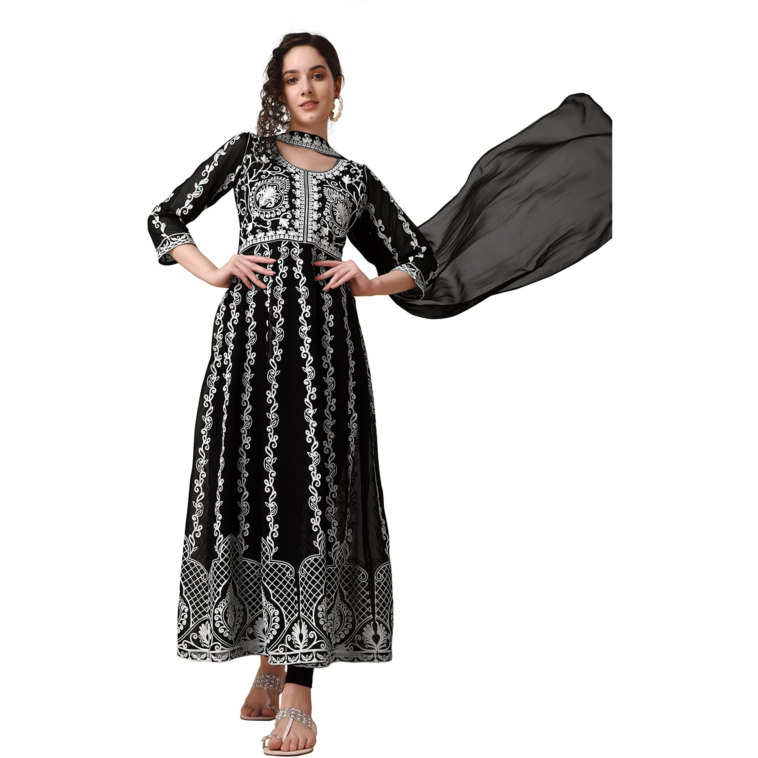 Ethnicjunction Women's Georgette Chikankari Embroidery Regular Fit Anarkali Salwar Kameez (Kd1-Nazma-Black_S_New_Jet Black)