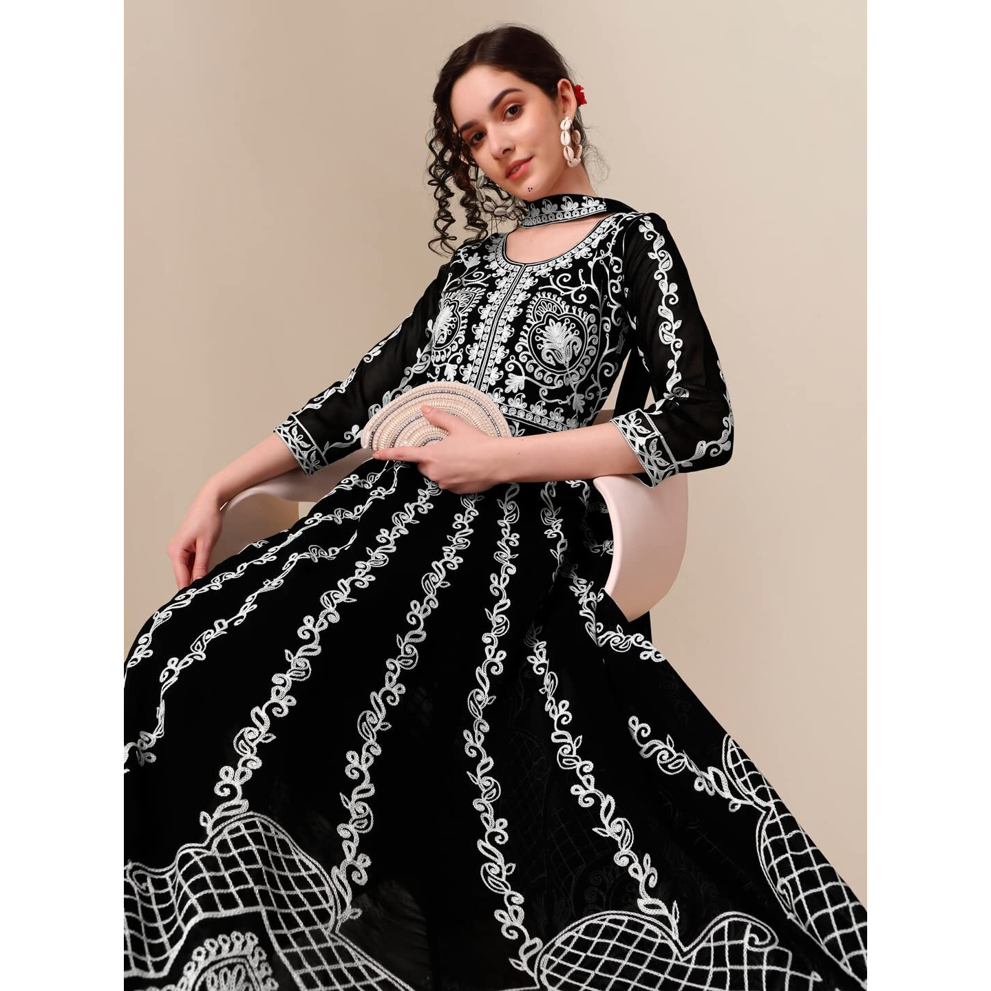 Ethnicjunction Women's Georgette Chikankari Embroidery Regular Fit Anarkali Salwar Kameez (Kd1-Nazma-Black_S_New_Jet Black)