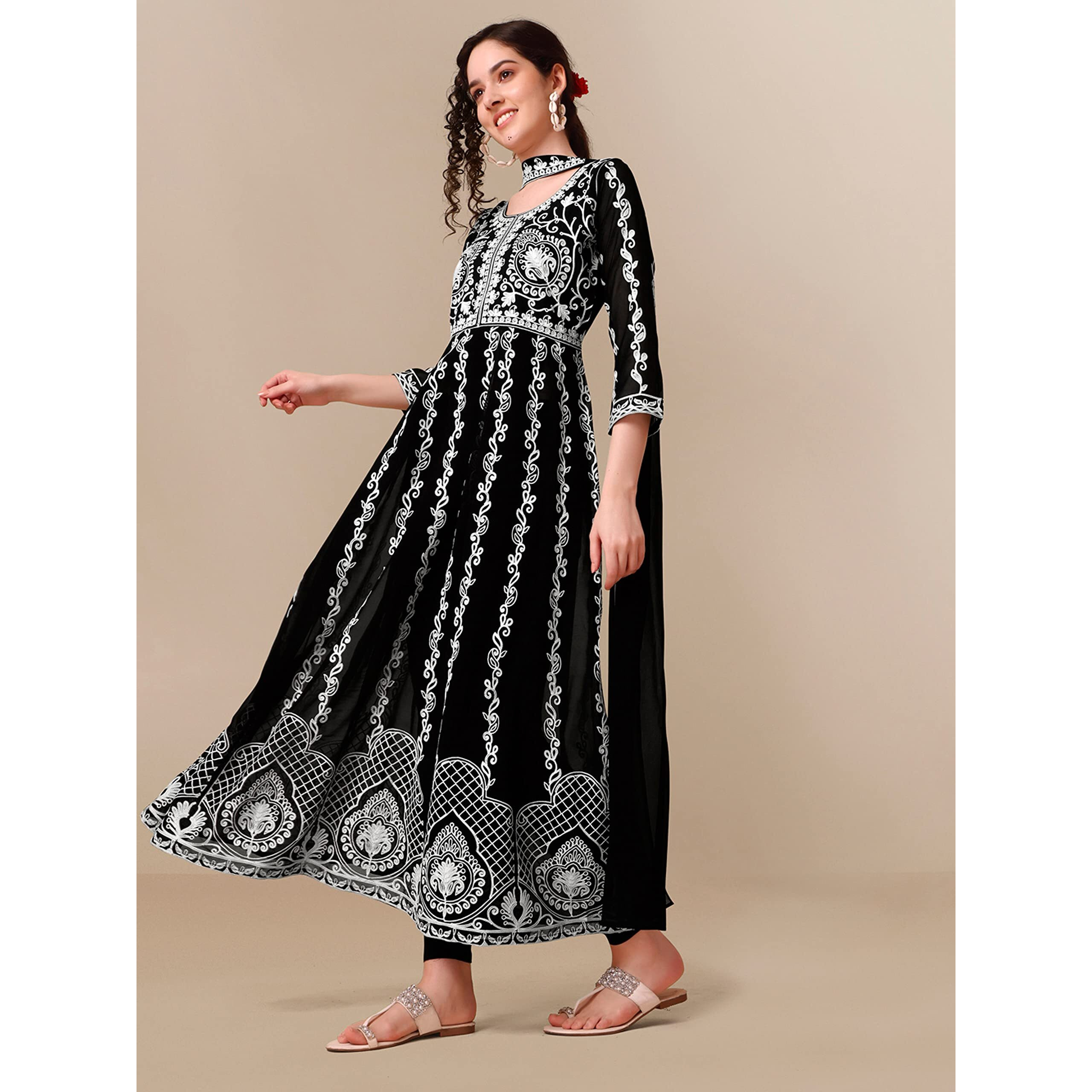 Ethnicjunction Women's Georgette Chikankari Embroidery Regular Fit Anarkali Salwar Kameez (Kd1-Nazma-Black_S_New_Jet Black)