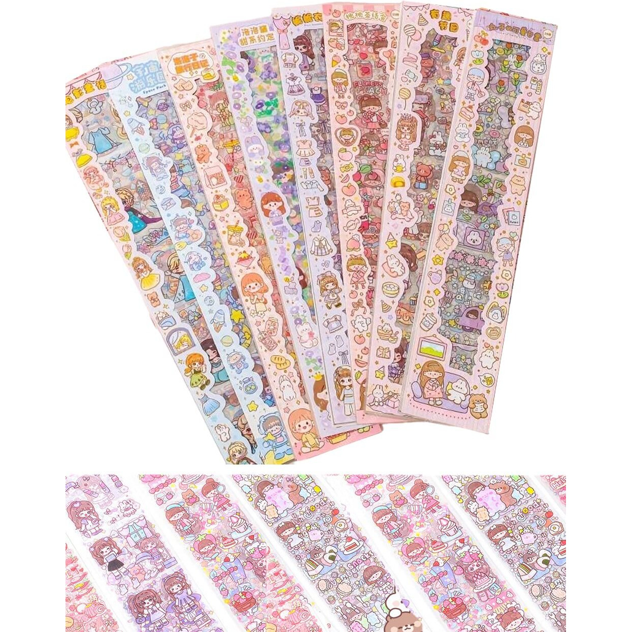 Funblast Cute Cartoon Theme Kawaii Stickers-20 Pet Sheets Cute Washi Stickers For Project,Japanese Style Girls Paper Sticker Set,Size Of Each Sheet-40X8Cms(Color&Design May Vary)Self Adhesive