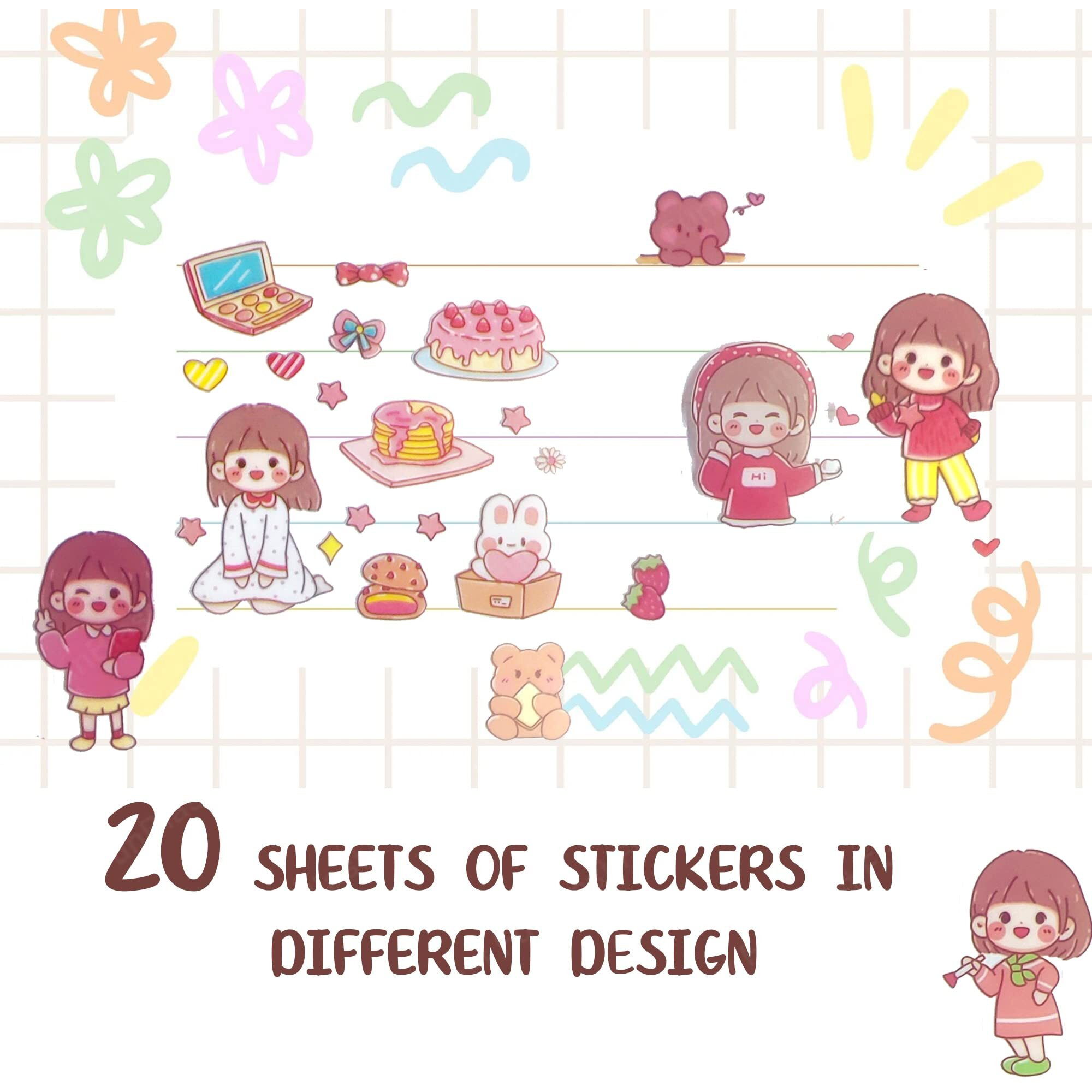 Funblast Cute Cartoon Theme Kawaii Stickers-20 Pet Sheets Cute Washi Stickers For Project,Japanese Style Girls Paper Sticker Set,Size Of Each Sheet-40X8Cms(Color&Design May Vary)Self Adhesive