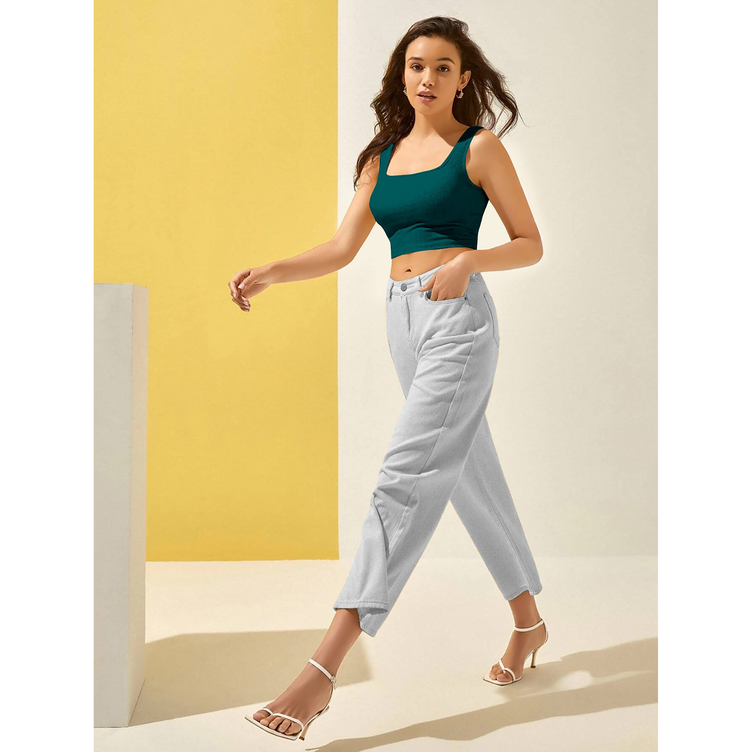 Berry Bird Stylish Women's Sleeveless Square Neck Ribbed Crop Tops For Gym, Beach,And Casual Stylish Wear Tank Tops