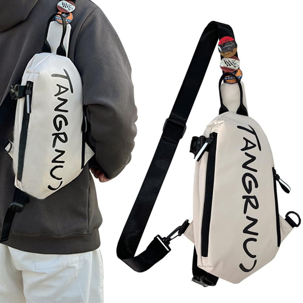 Gustave Crossbody Bag For Unisex With 3Pcs Badges, Waterproof Sling Bag Large Shoulder Bag With Adjustable Strap For Commuting Travel Outdoor Activities Cycling, White