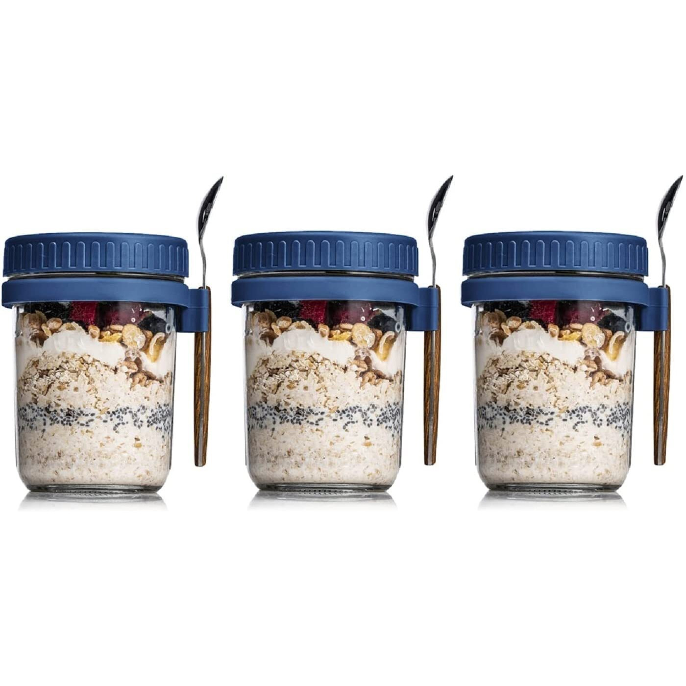 Ash & Roh Overnight Oats Containers With Lids And Spoons 350 Ml Glass Mason Jars For Overnight Oats Leak Proof Oatmeal Container Great For Cereal Fruit Vegetable Milk Salad Yogurt (Blue 3)