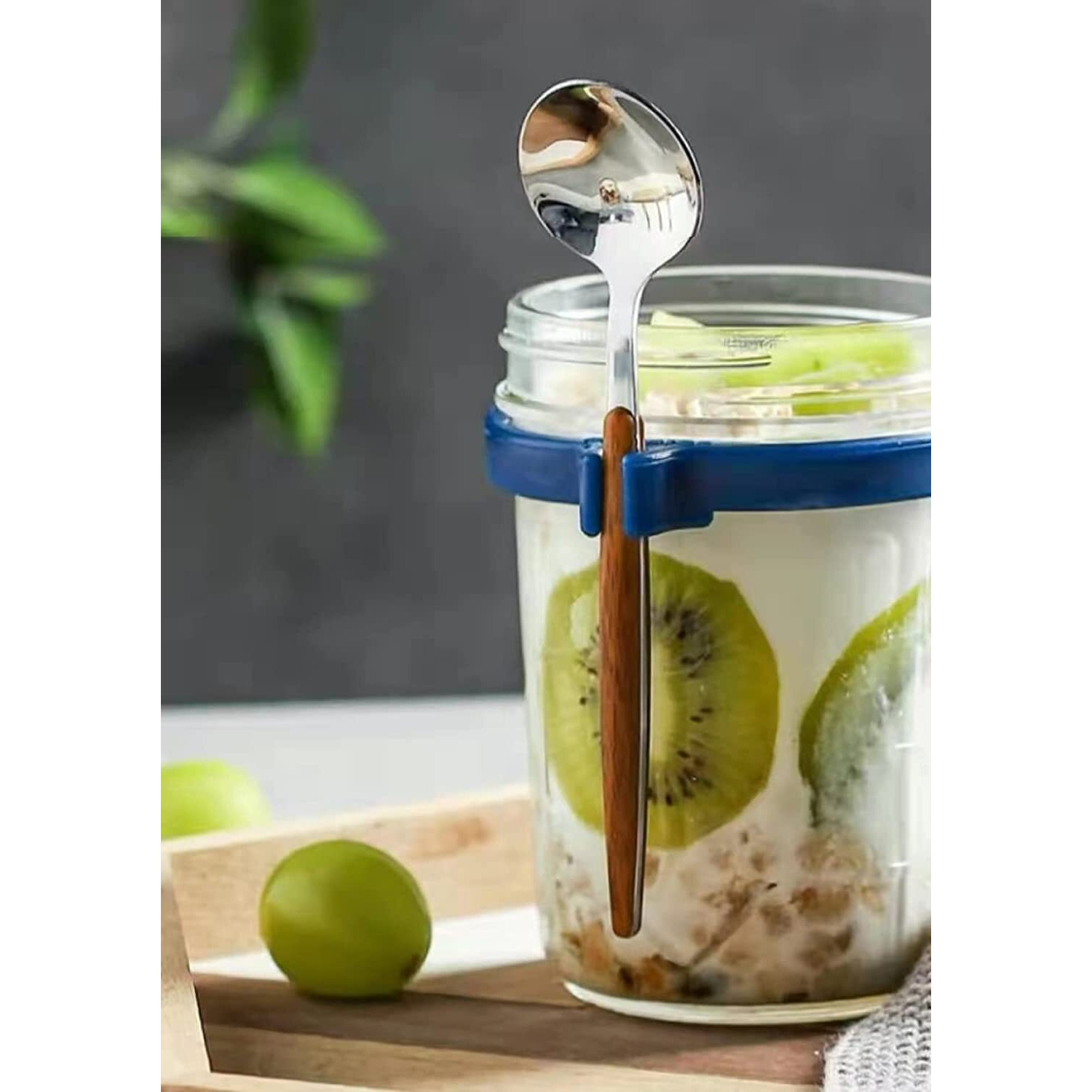 Ash & Roh Overnight Oats Containers With Lids And Spoons 350 Ml Glass Mason Jars For Overnight Oats Leak Proof Oatmeal Container Great For Cereal Fruit Vegetable Milk Salad Yogurt (Blue 3)