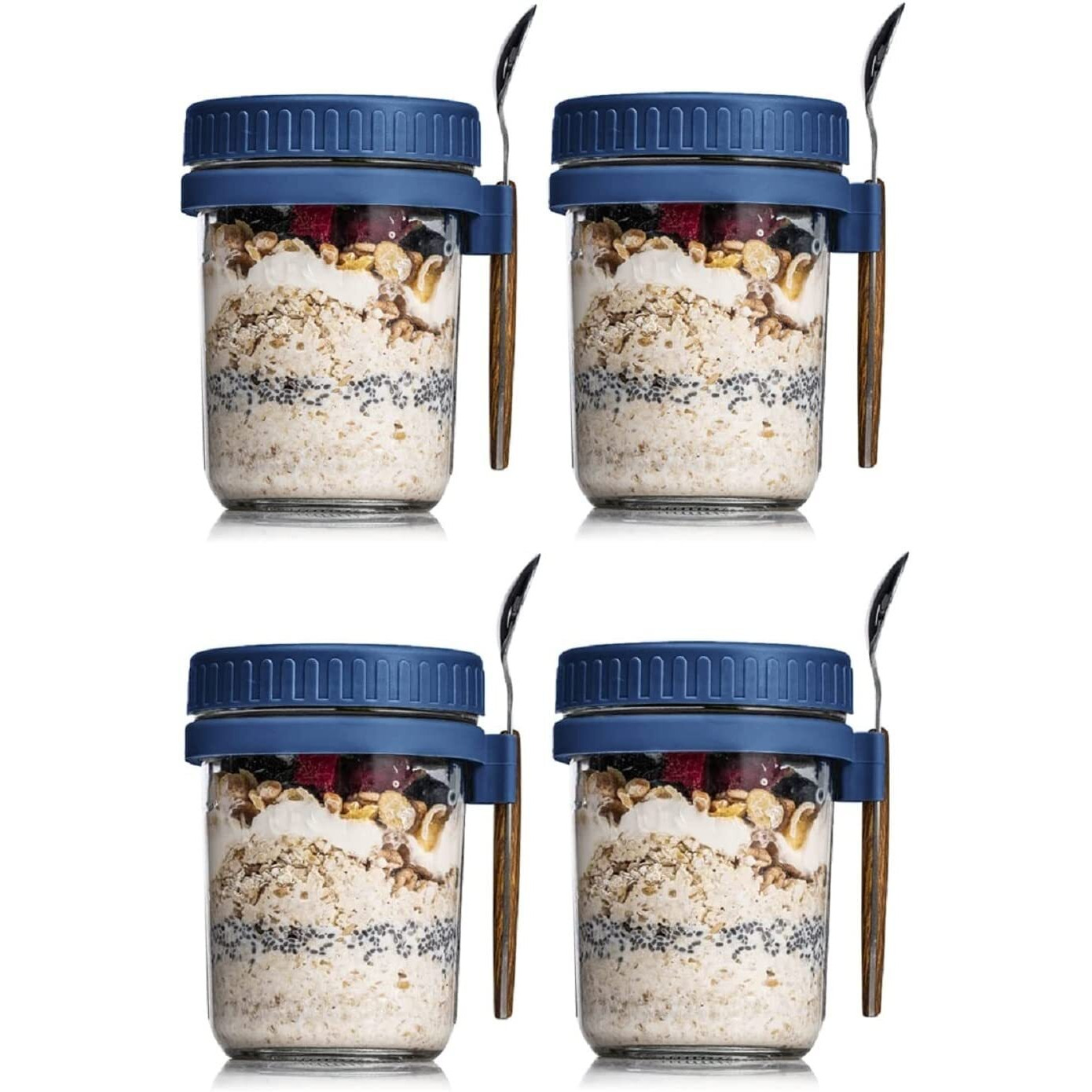 Ash & Roh Overnight Oats Containers With Lids And Spoons 350 Ml Glass Mason Jars For Overnight Oats Leak Proof Oatmeal Container Great For Cereal Fruit Vegetable Milk Salad Yogurt (Blue 4)