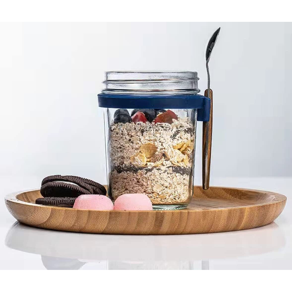 Ash & Roh Overnight Oats Containers With Lids And Spoons 350 Ml Glass Mason Jars For Overnight Oats Leak Proof Oatmeal Container Great For Cereal Fruit Vegetable Milk Salad Yogurt (Blue 4)