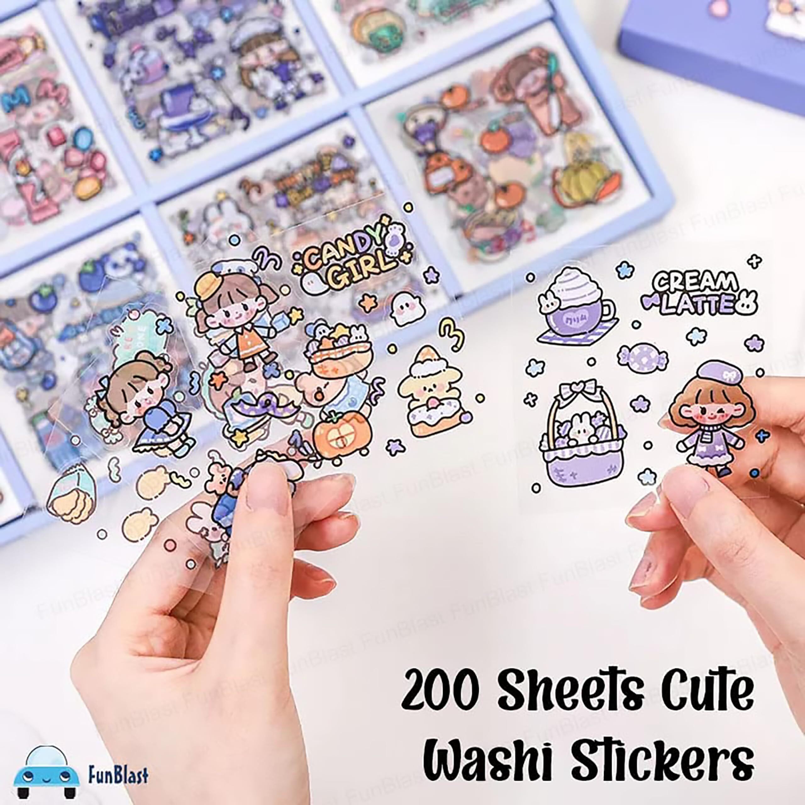 Funblast Cute Girl Theme Kawaii Stickers -200 Sheets Cute Washi Stickers For Project, Japanese Style Girls Sticker Set, Stationery Item, Journals, Scrapbooking, Diy Arts And Crafts