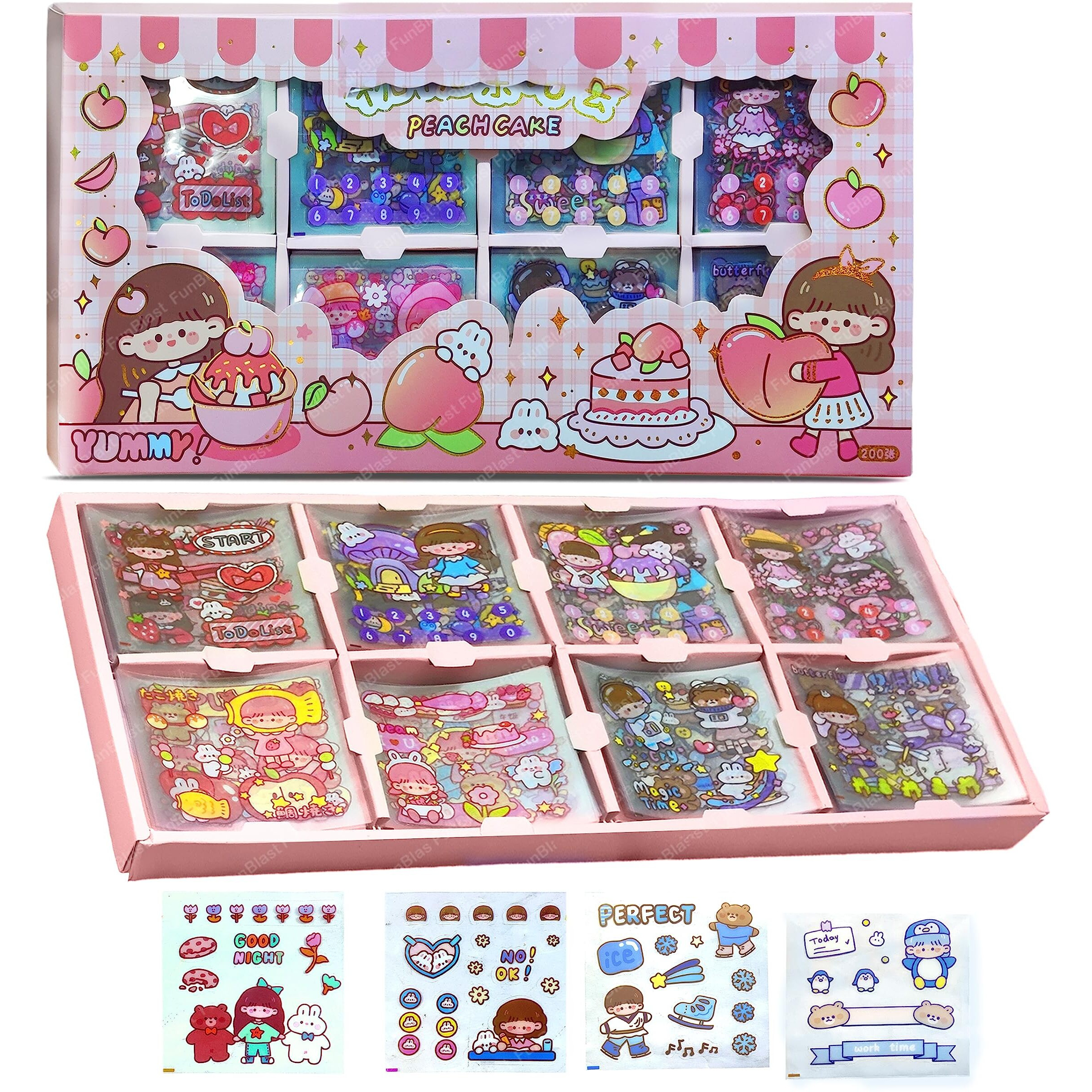 Funblast Cute Girl Theme Kawaii Stickers - 200 Sheets Cute Washi Stickers, Japanese Style Stickers For Journals, Scrapbooking, Diy Arts And Crafts Kit, Self Adhesive Stickers