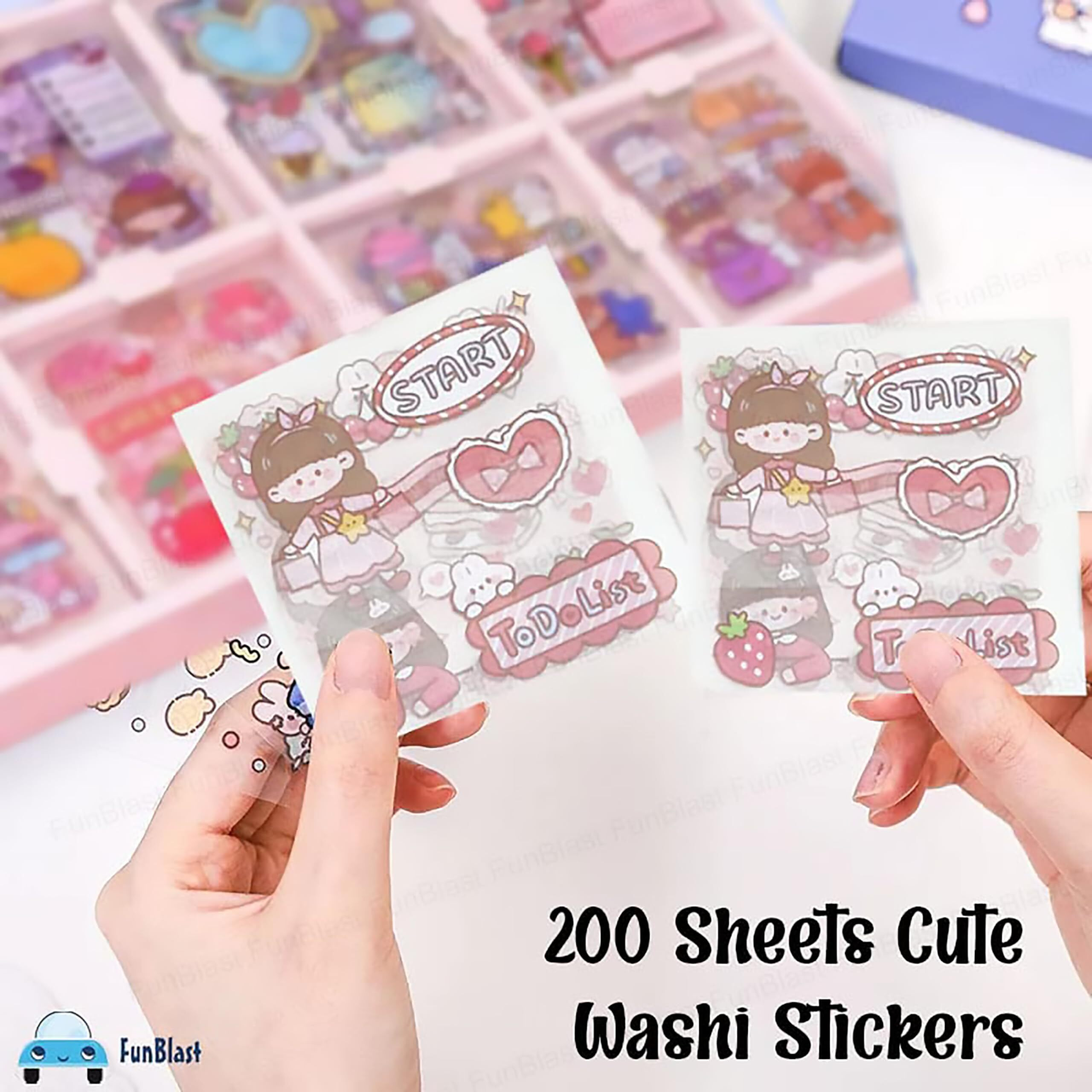 Funblast Cute Girl Theme Kawaii Stickers - 200 Sheets Cute Washi Stickers, Japanese Style Stickers For Journals, Scrapbooking, Diy Arts And Crafts Kit, Self Adhesive Stickers