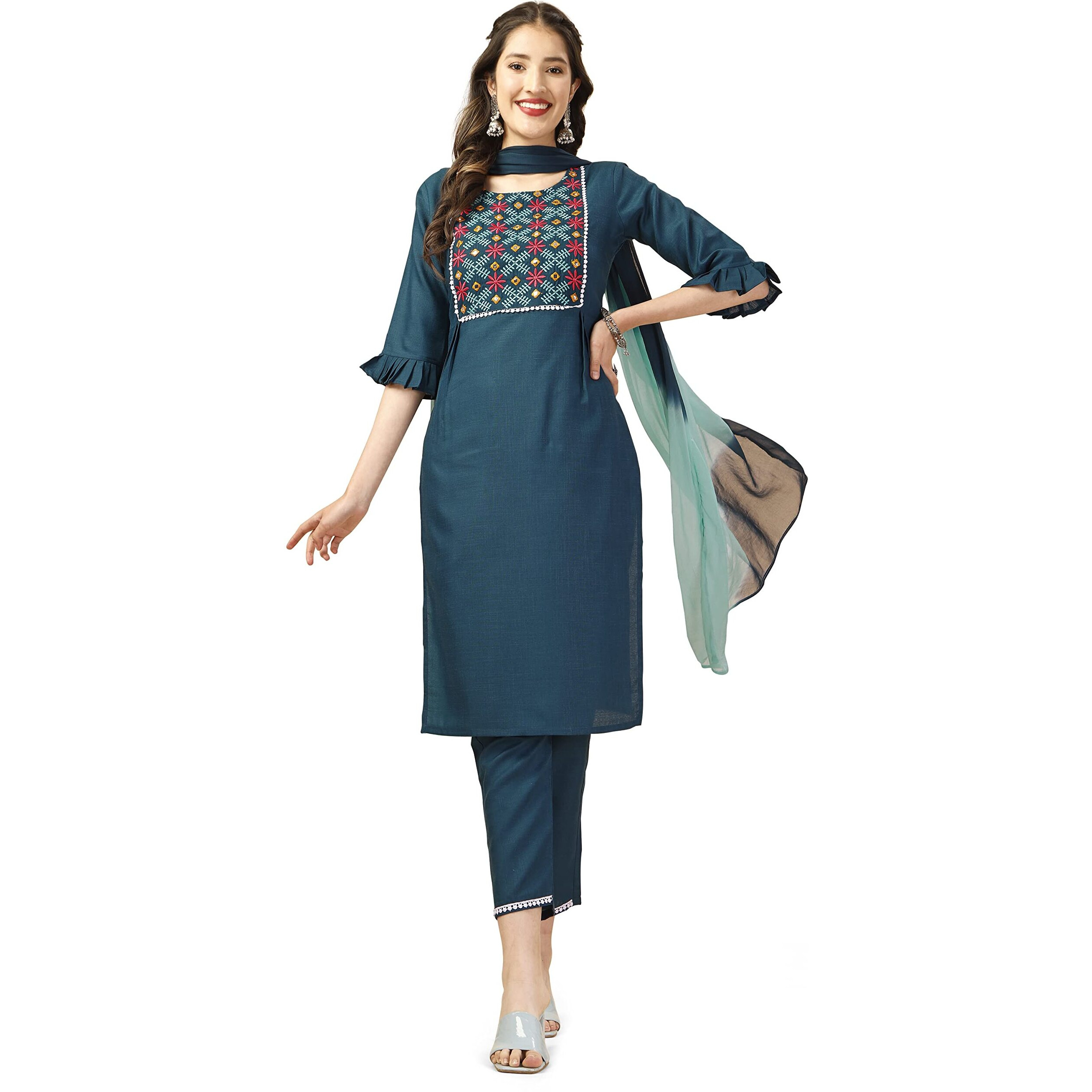 Ethnicjunction Women's Embroidered Thread Work Cotton Blend Straight Kurta Pant With Ombre Dupatta Set (Skd3-Monali-Teal_L_Teal Blue)