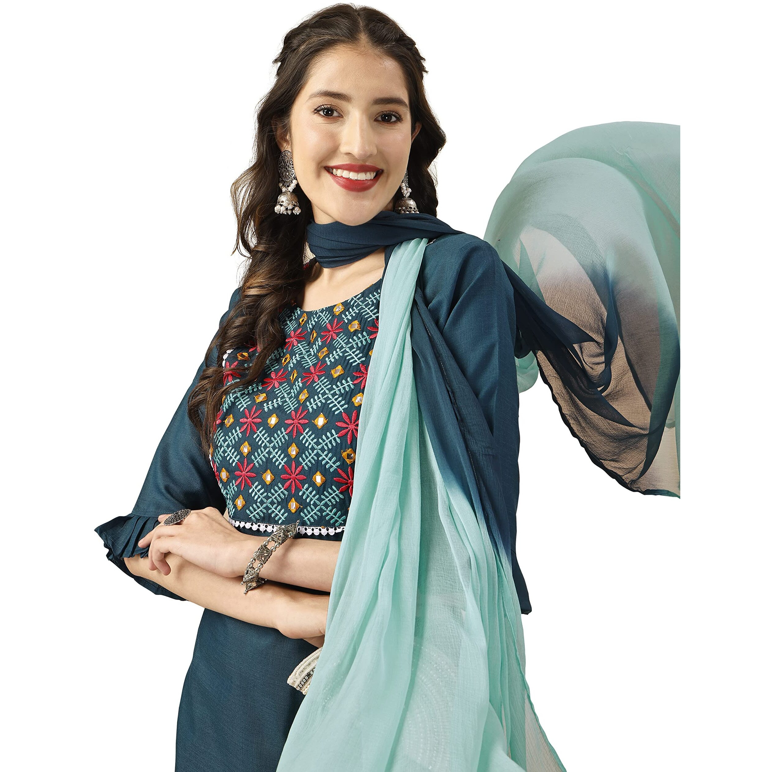 Ethnicjunction Women's Embroidered Thread Work Cotton Blend Straight Kurta Pant With Ombre Dupatta Set (Skd3-Monali-Teal_L_Teal Blue)
