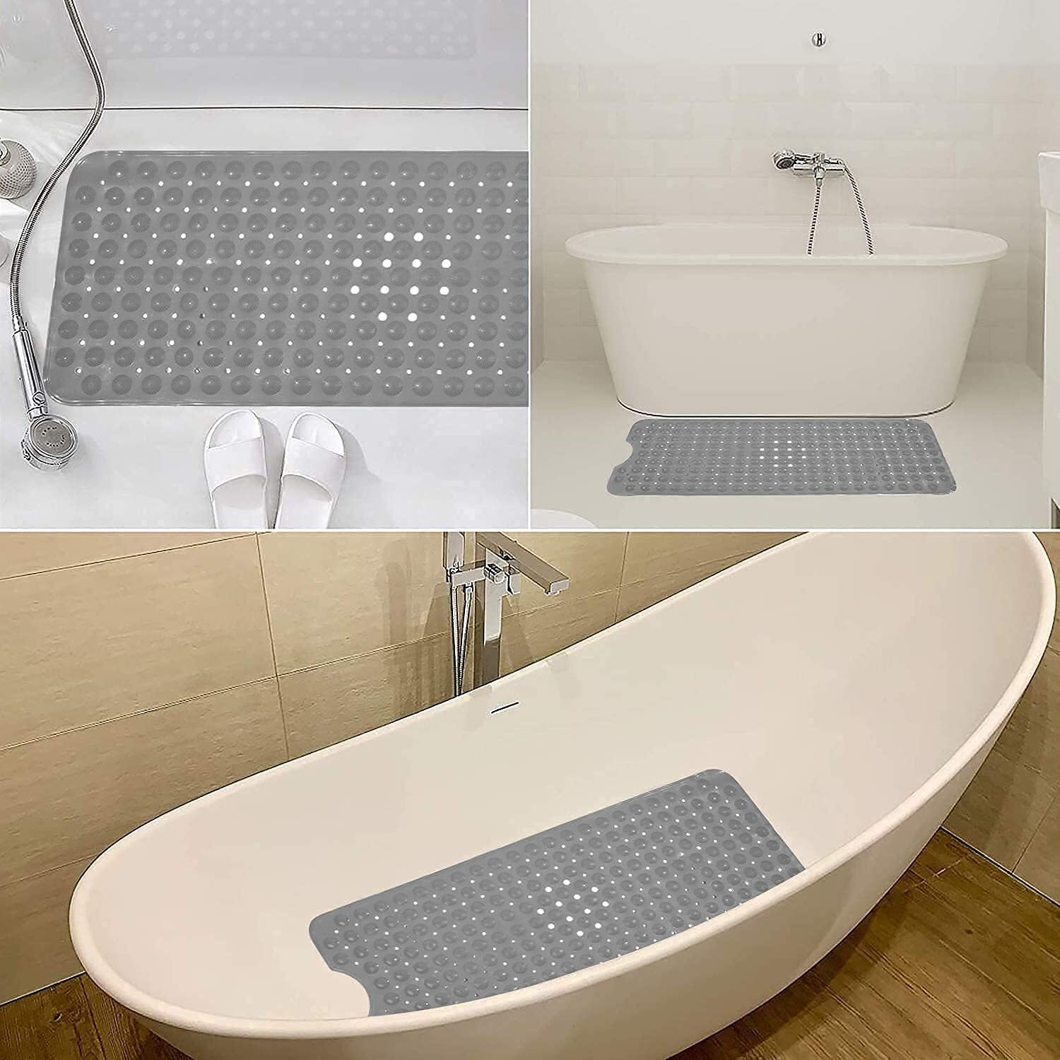 Vdnsi Anti Slip Bathroom Mat Rubber Bath Mats Floor Rectangle Anti Skid Mats For Bathing Area Shower Mat With Strong Suction Cups & Drain Holes 35X70 Cm (Grey)